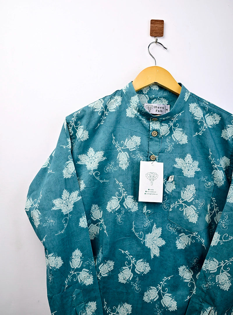 blue white flowers short kurta