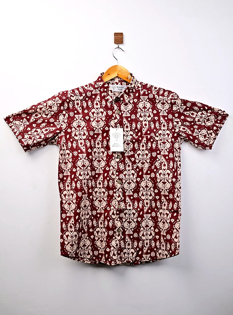 Maroon Cream Block Printed Half Sleeves Shirt