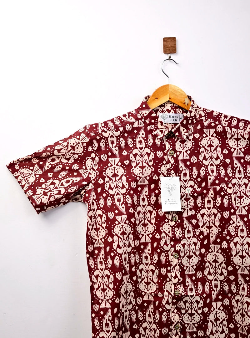 Maroon Cream Block Printed Half Sleeves Shirt