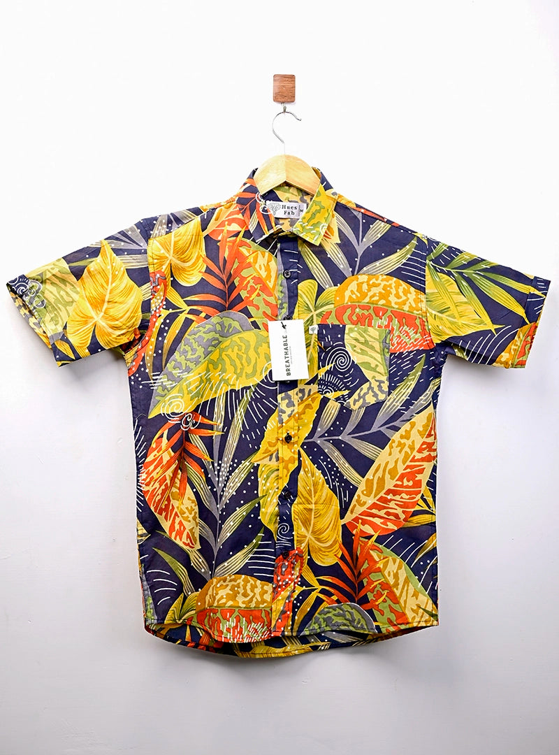Navy Blue - Yellow Leaf Half Sleeves Shirt