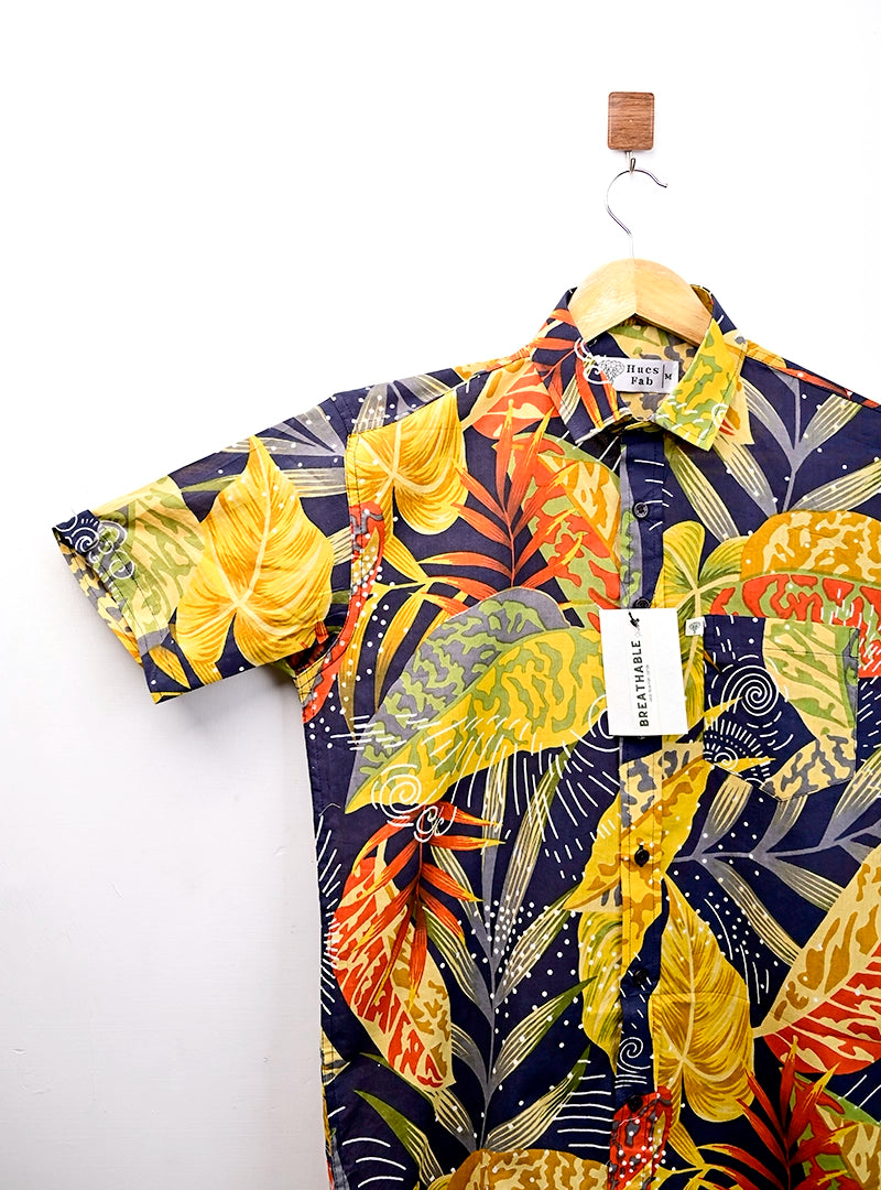 Navy Blue - Yellow Leaf Half Sleeves Shirt