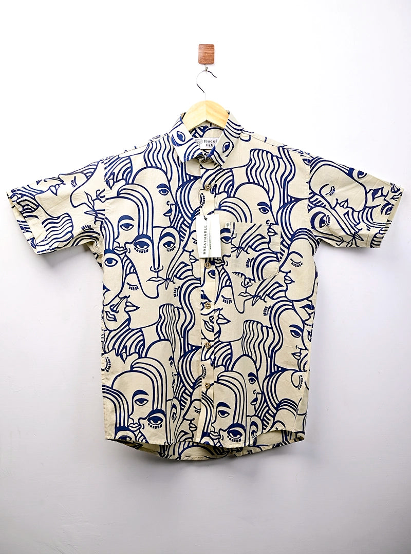 Cream Blue Faceart half Sleeves Shirt