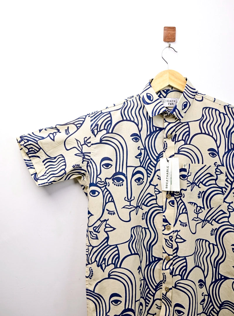 Cream Blue Faceart half Sleeves Shirt