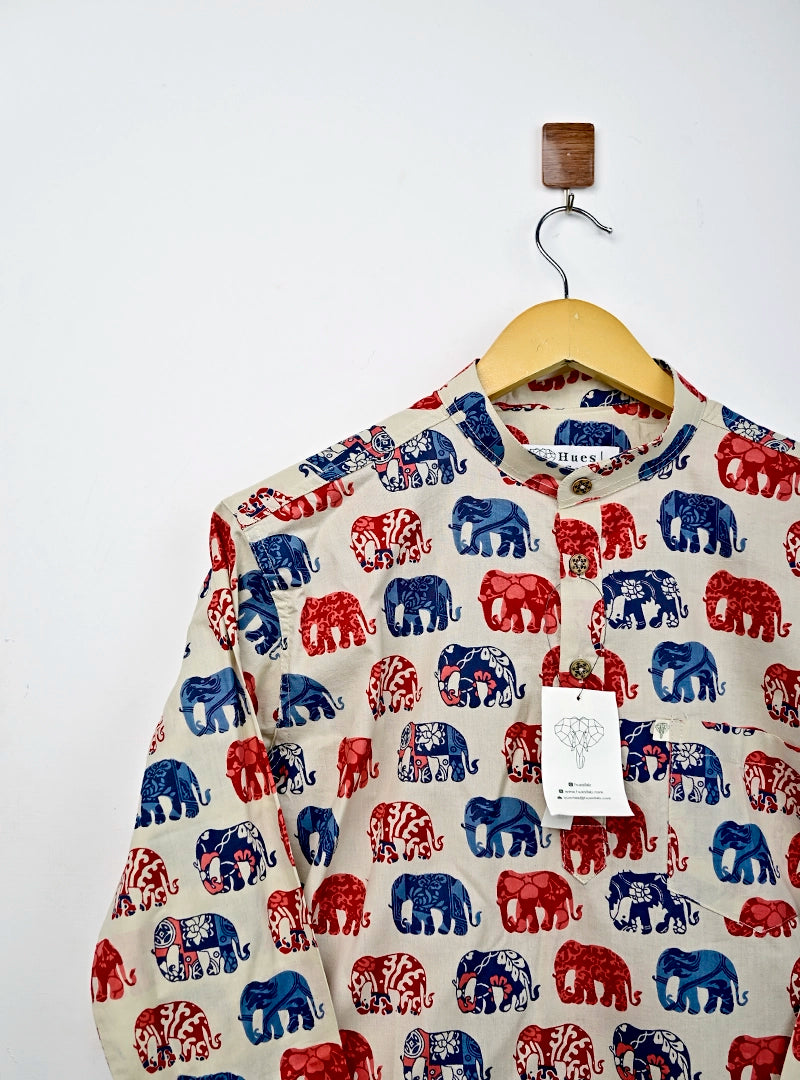 cream blue/red elephant Printed short kurta