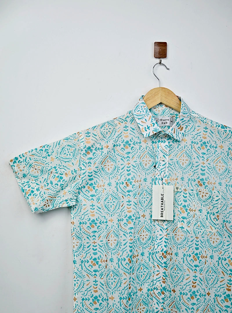 Mint Golden Printed Half Sleeves Shirt