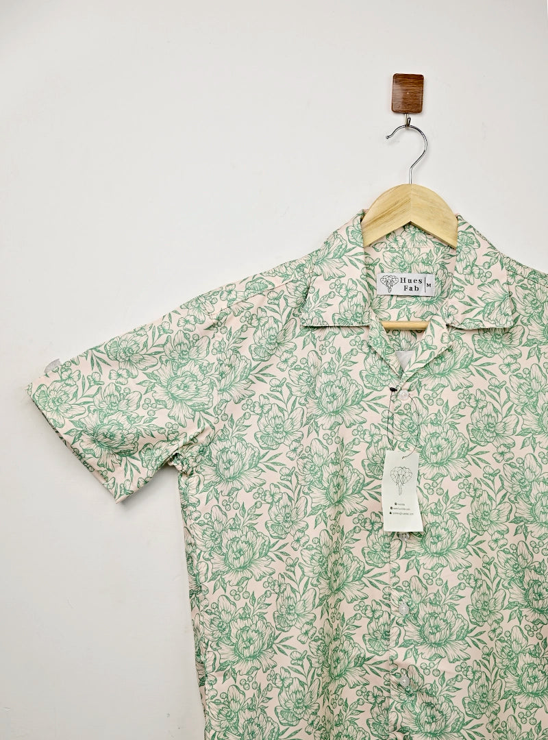 Cream Green Floral Cuban Collar Resort Shirt