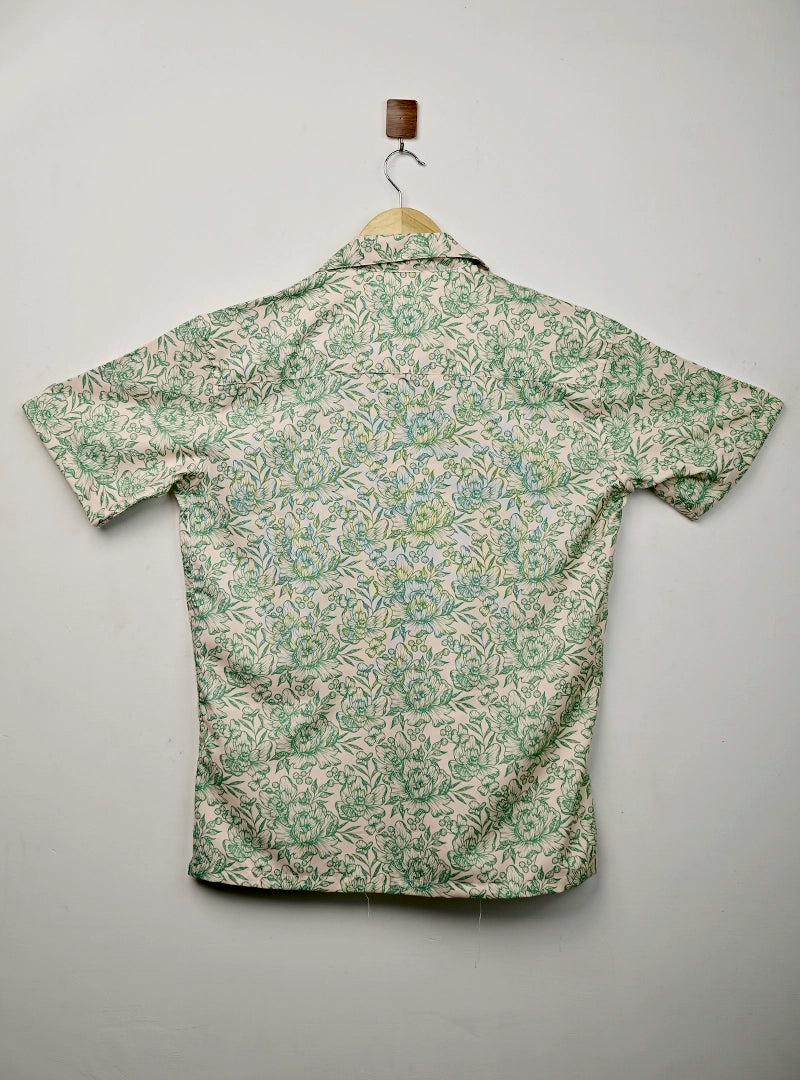 Cream Green Floral Cuban Collar Resort Shirt