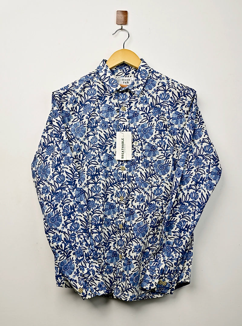 Blue-White Floral Full Sleeves Shirt