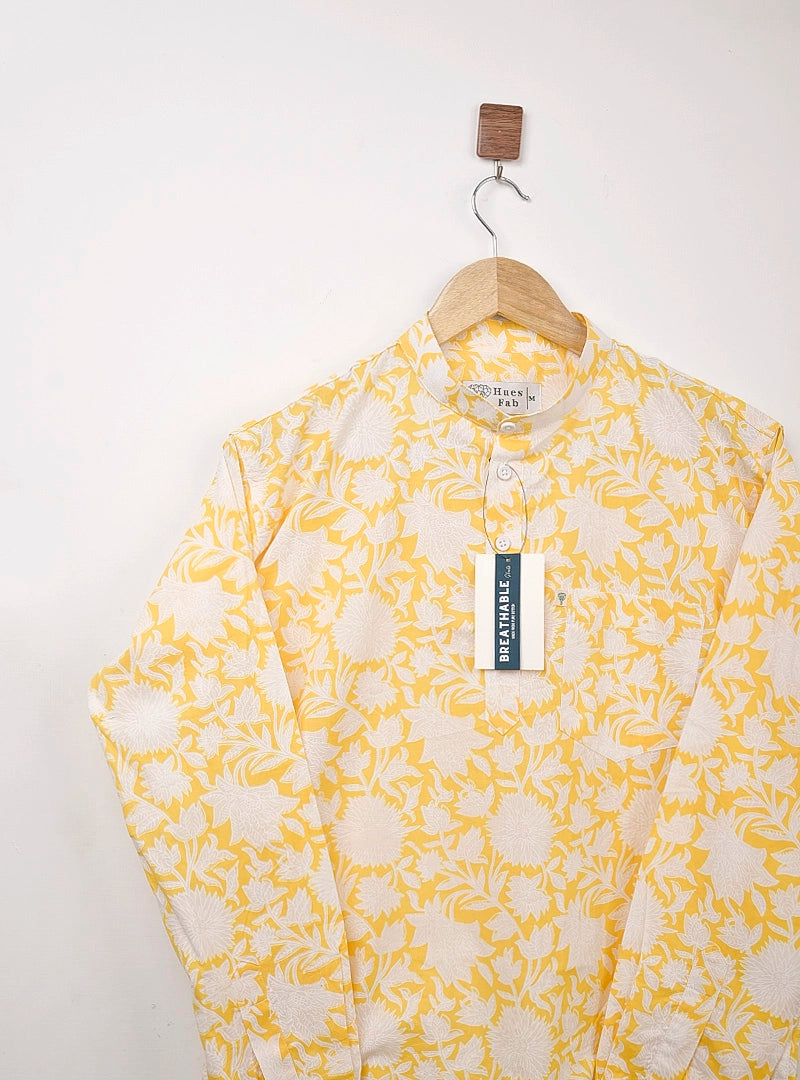 Yellow White Floral Short Kurta