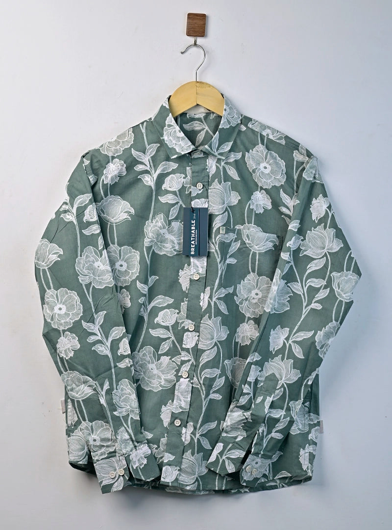 Grey Floral Printed Full Sleeves Shirt