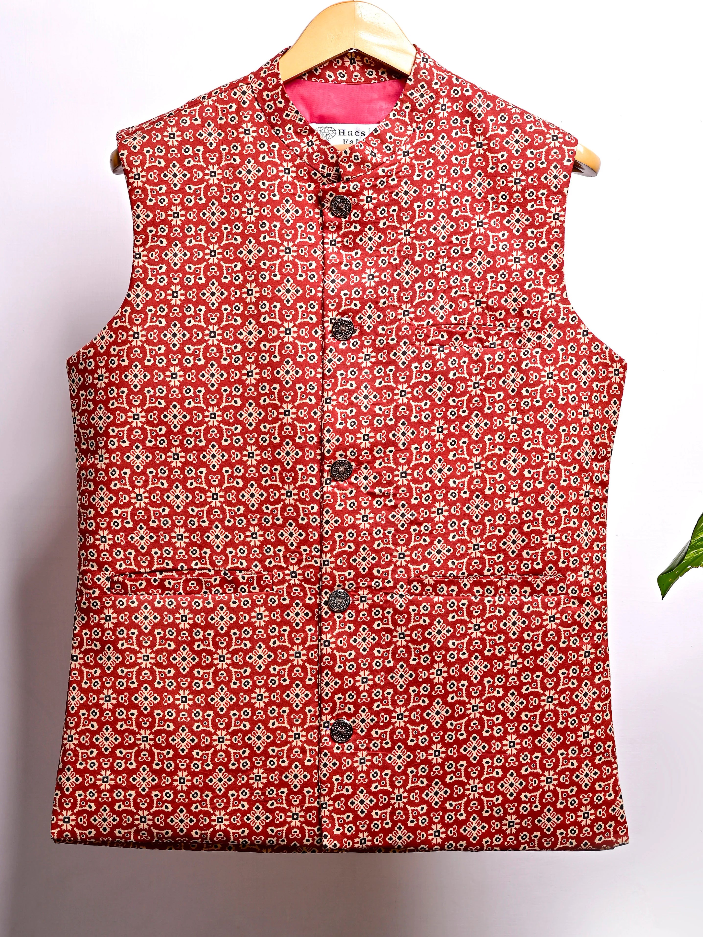 Red Block Printed Nehru Jacket