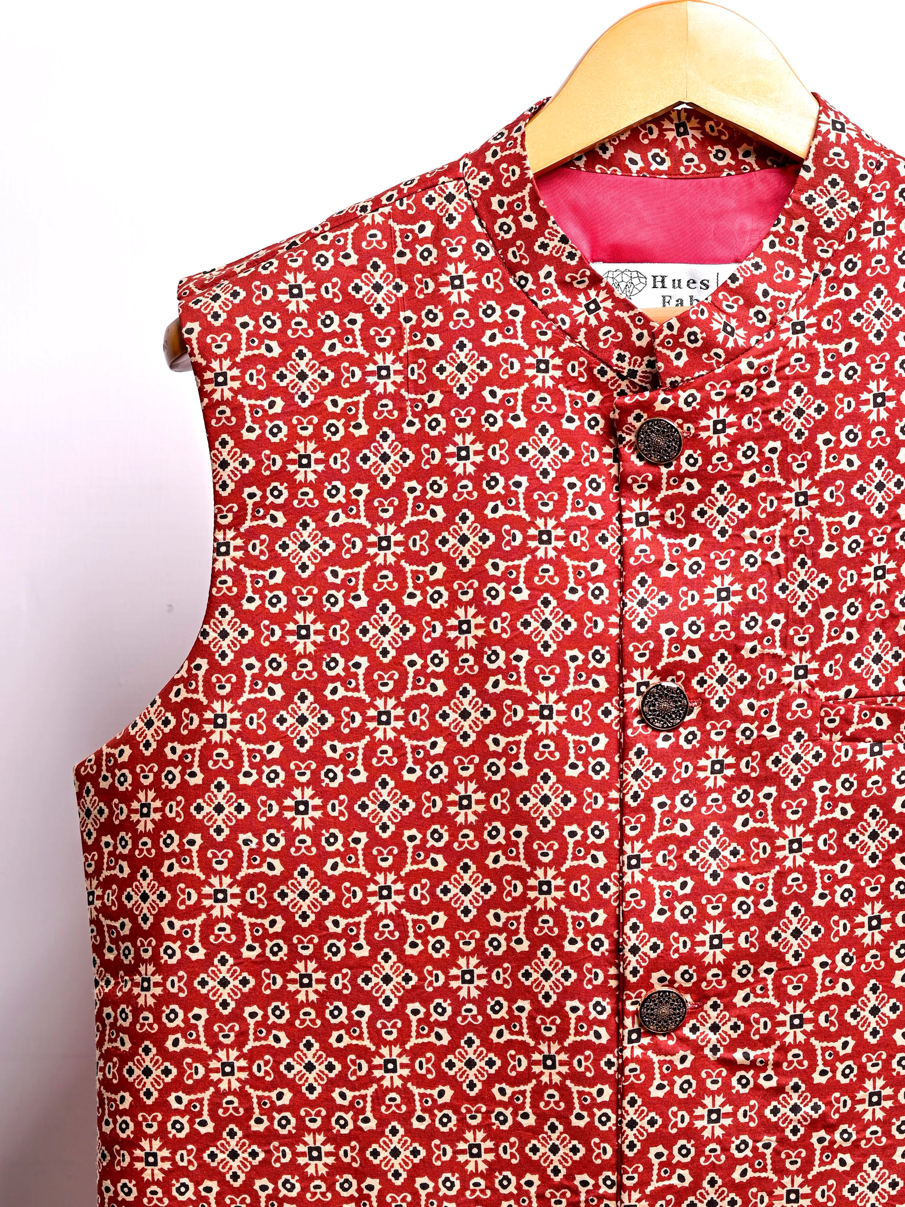 Red Block Printed Nehru Jacket