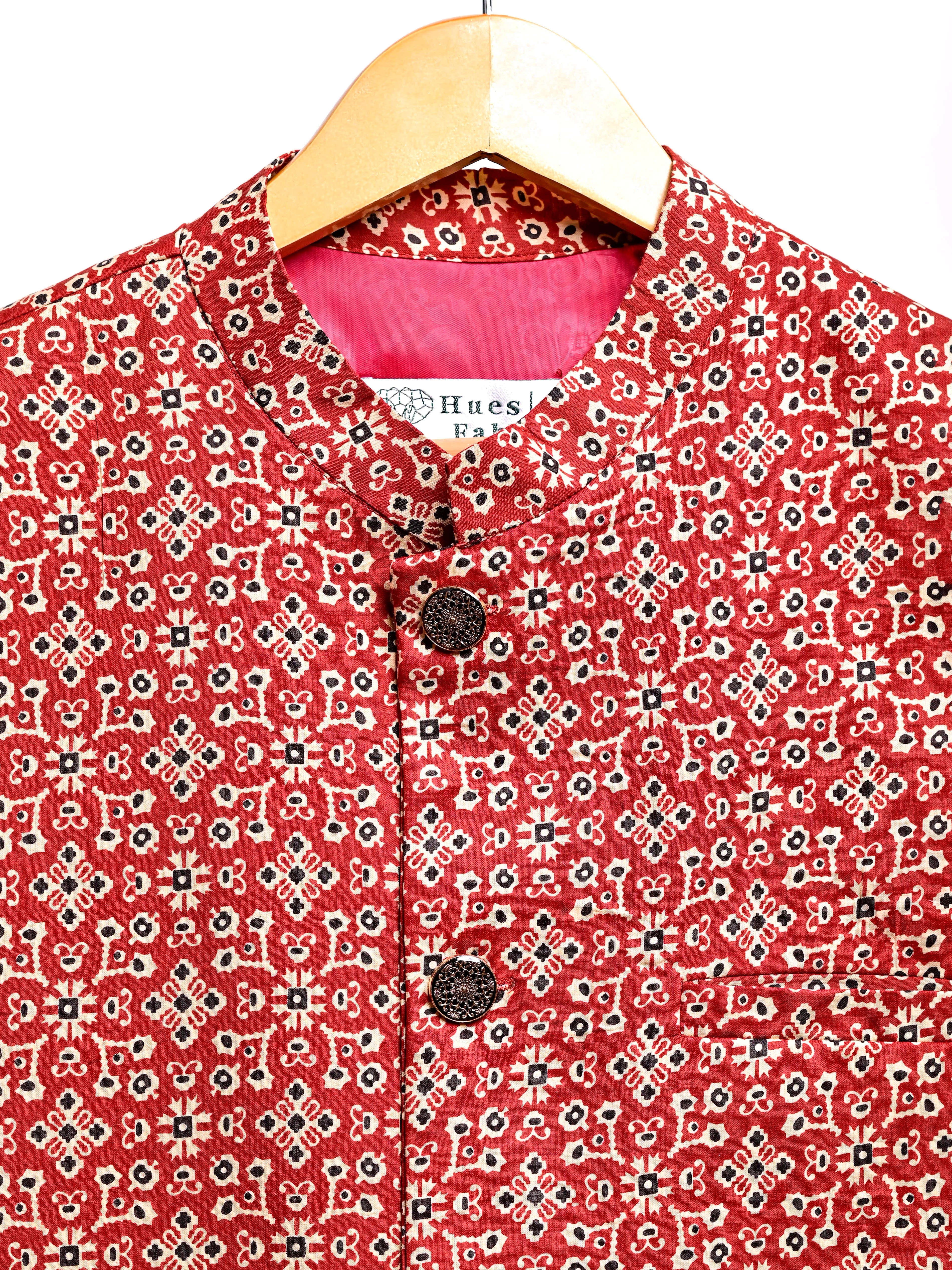 Red Block Printed Nehru Jacket