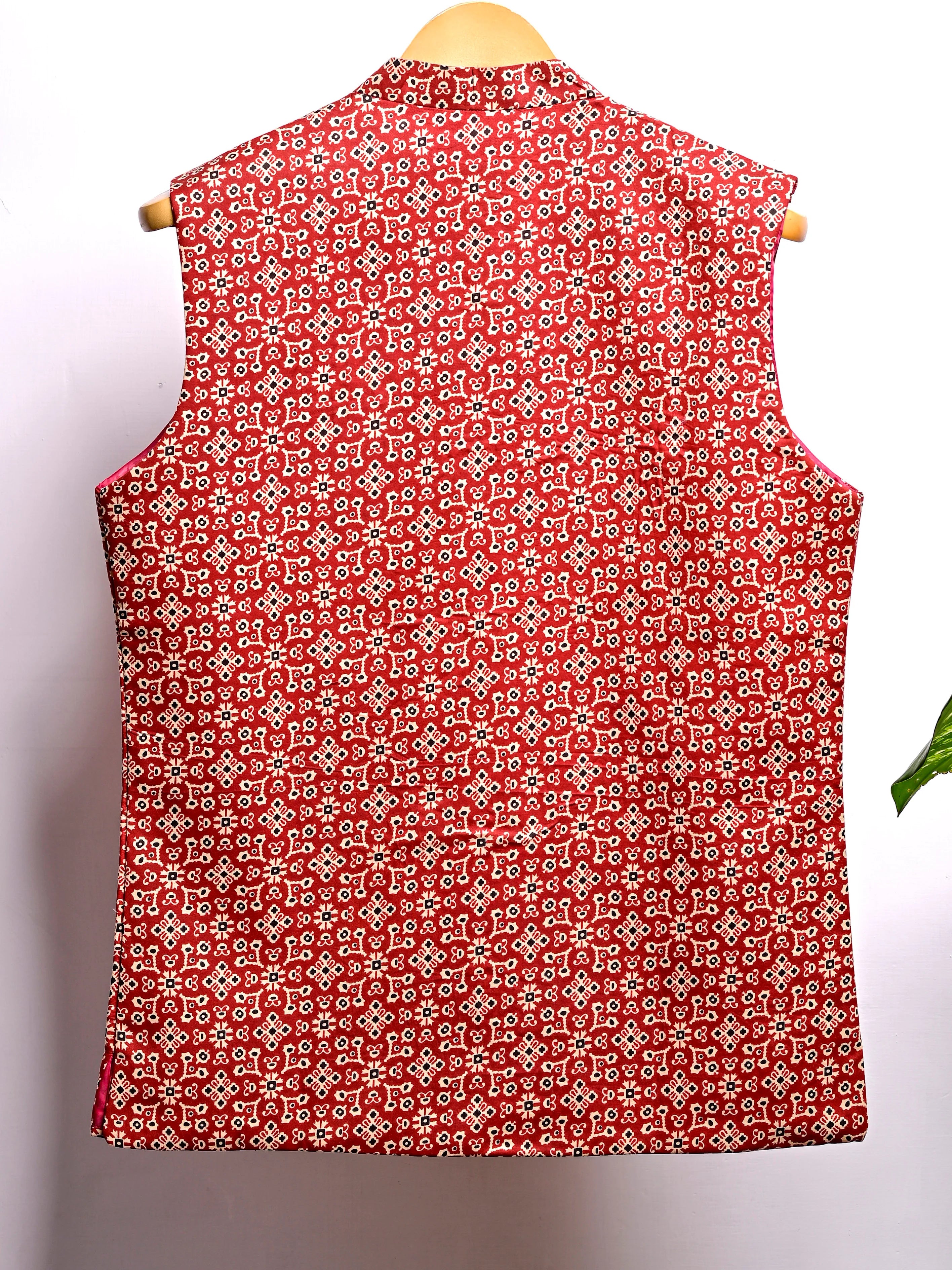 Red Block Printed Nehru Jacket
