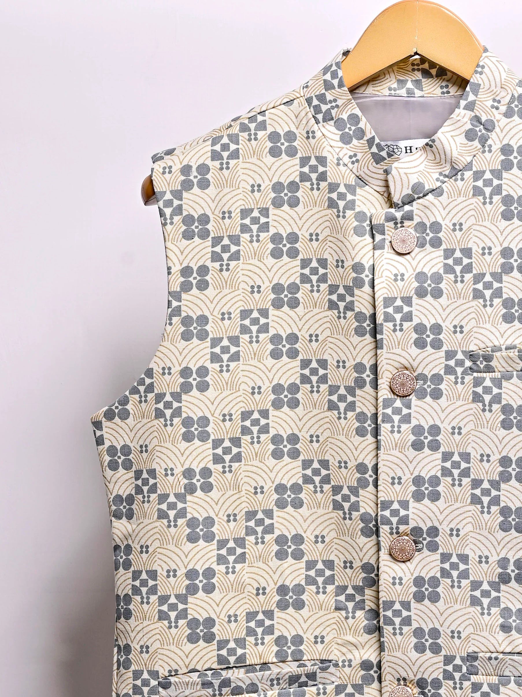Cream Block Printed Nehru Jacket