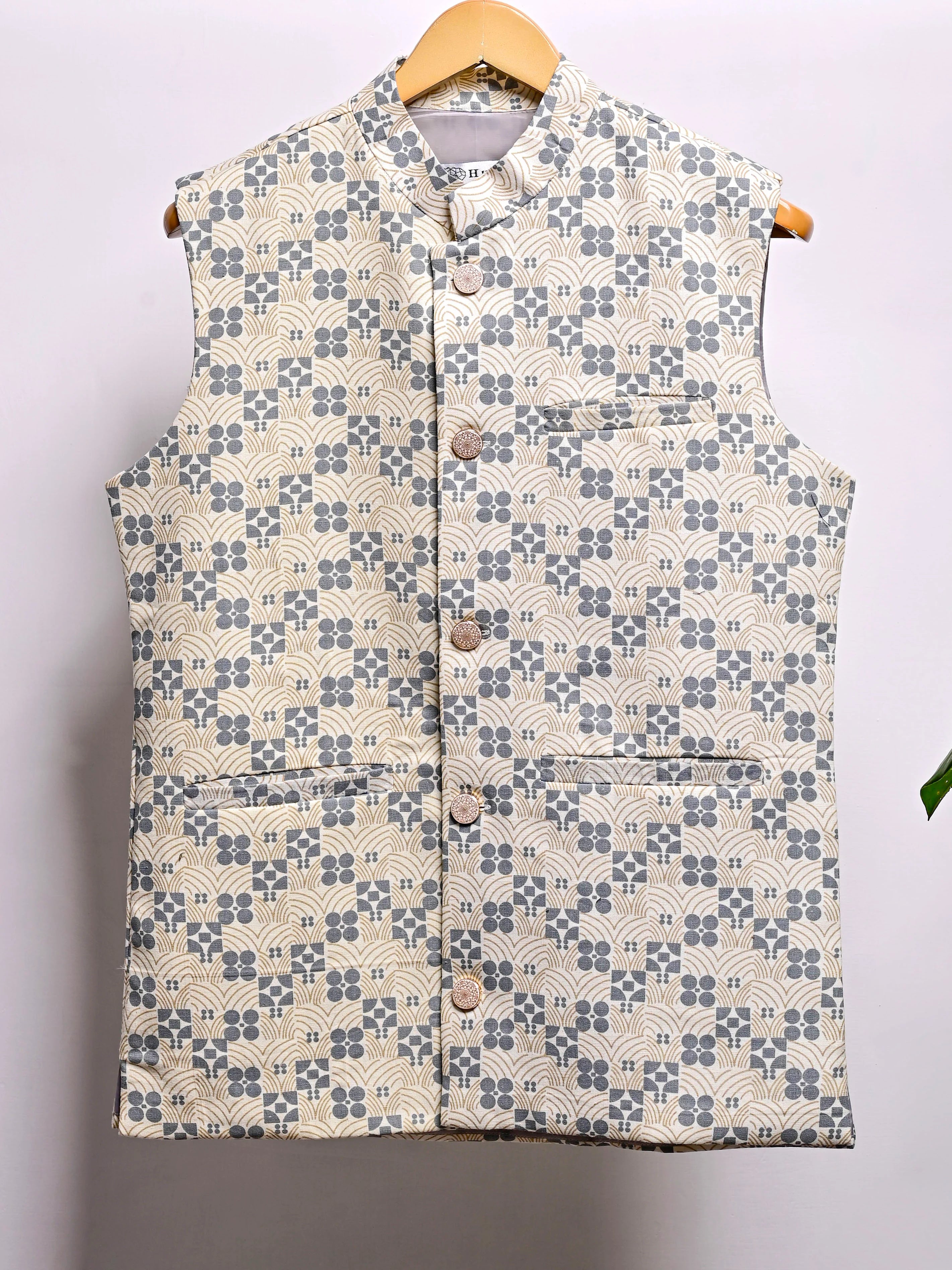 Cream Block Printed Nehru Jacket