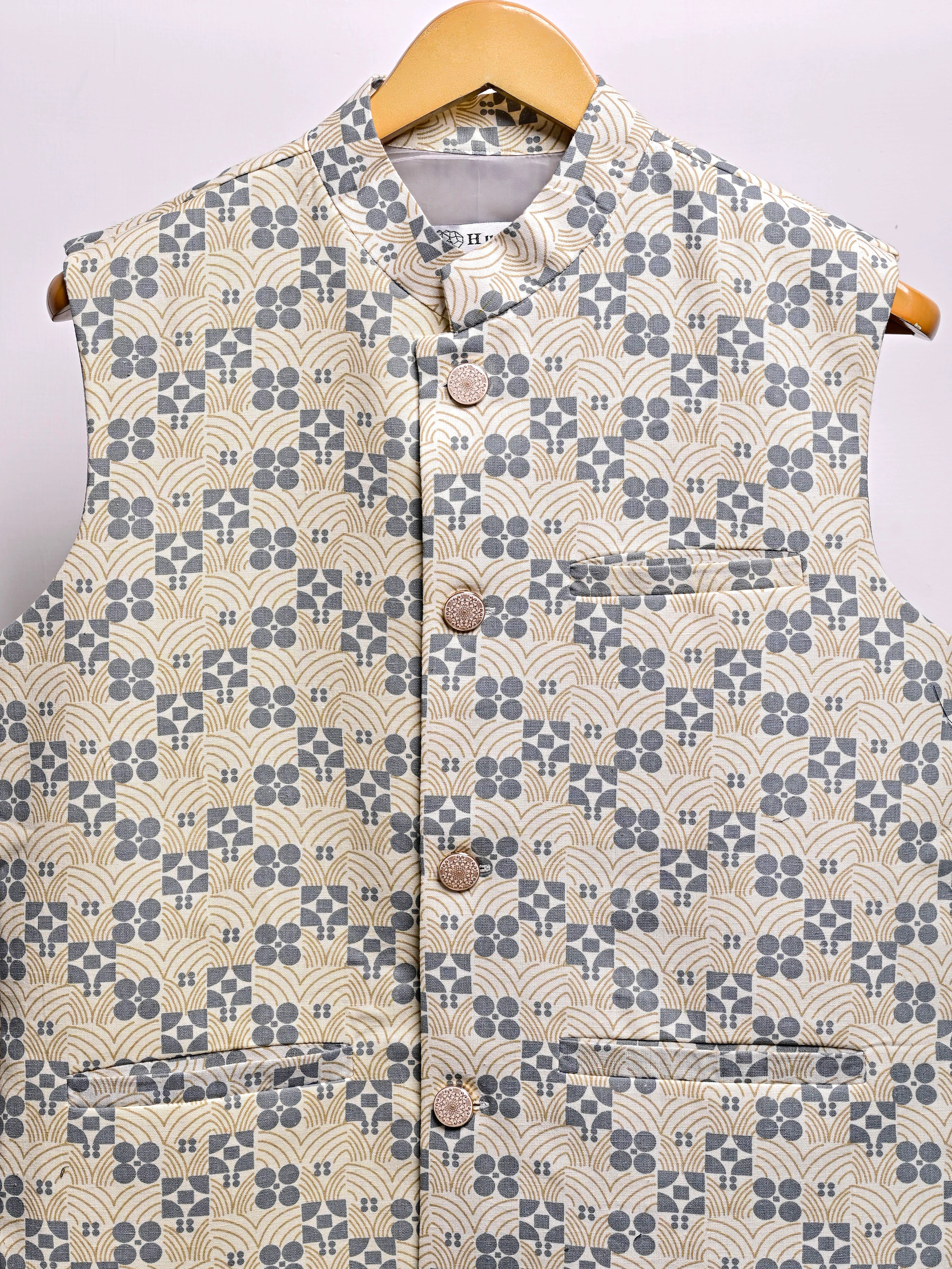 Cream Block Printed Nehru Jacket