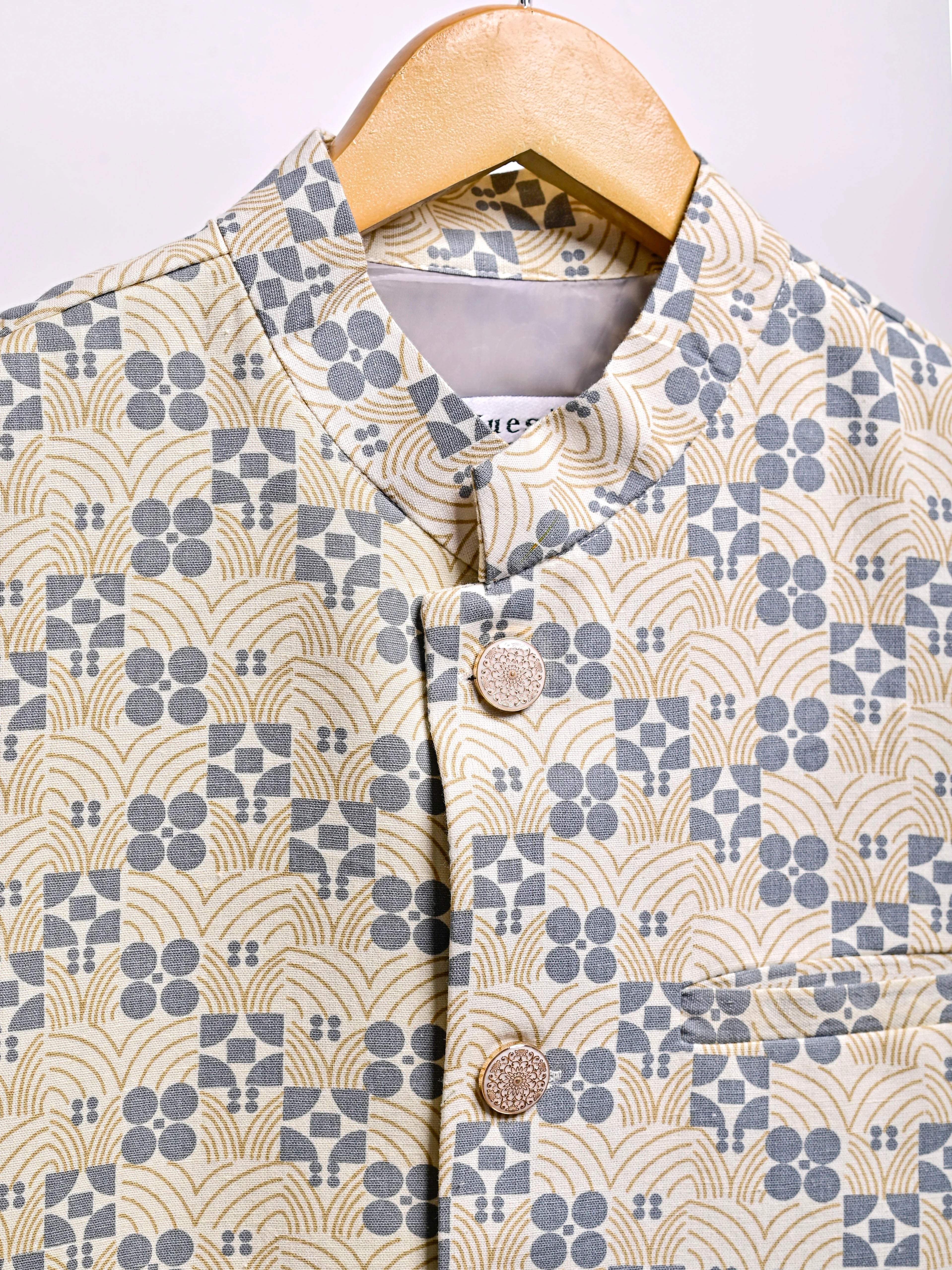 Cream Block Printed Nehru Jacket