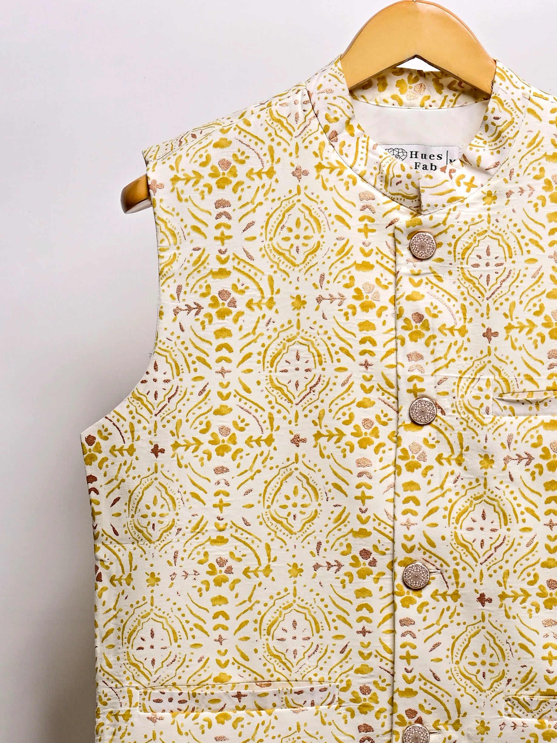 Yellow Glitter Block Printed Nehru Jacket