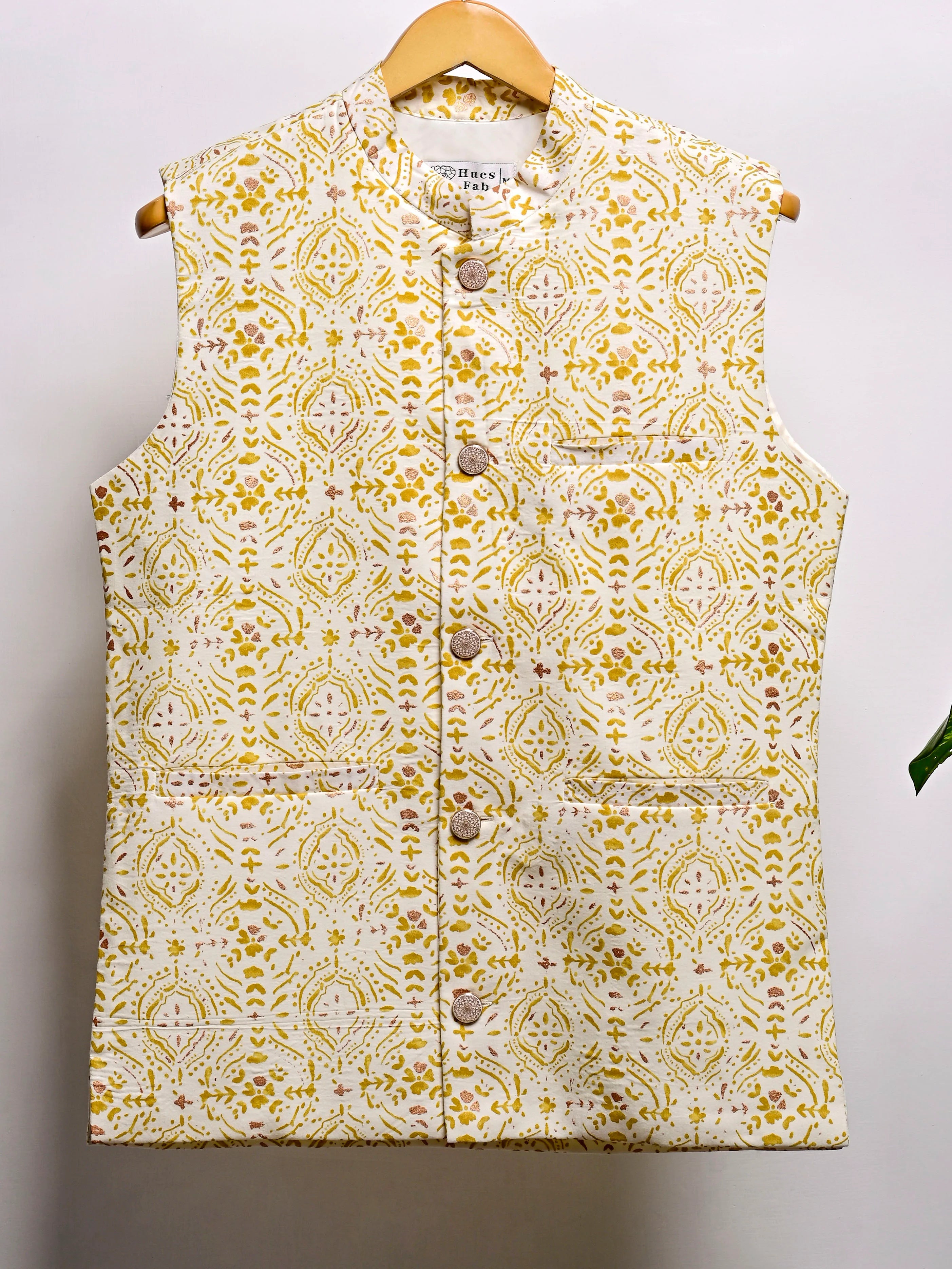 Yellow Glitter Block Printed Nehru Jacket