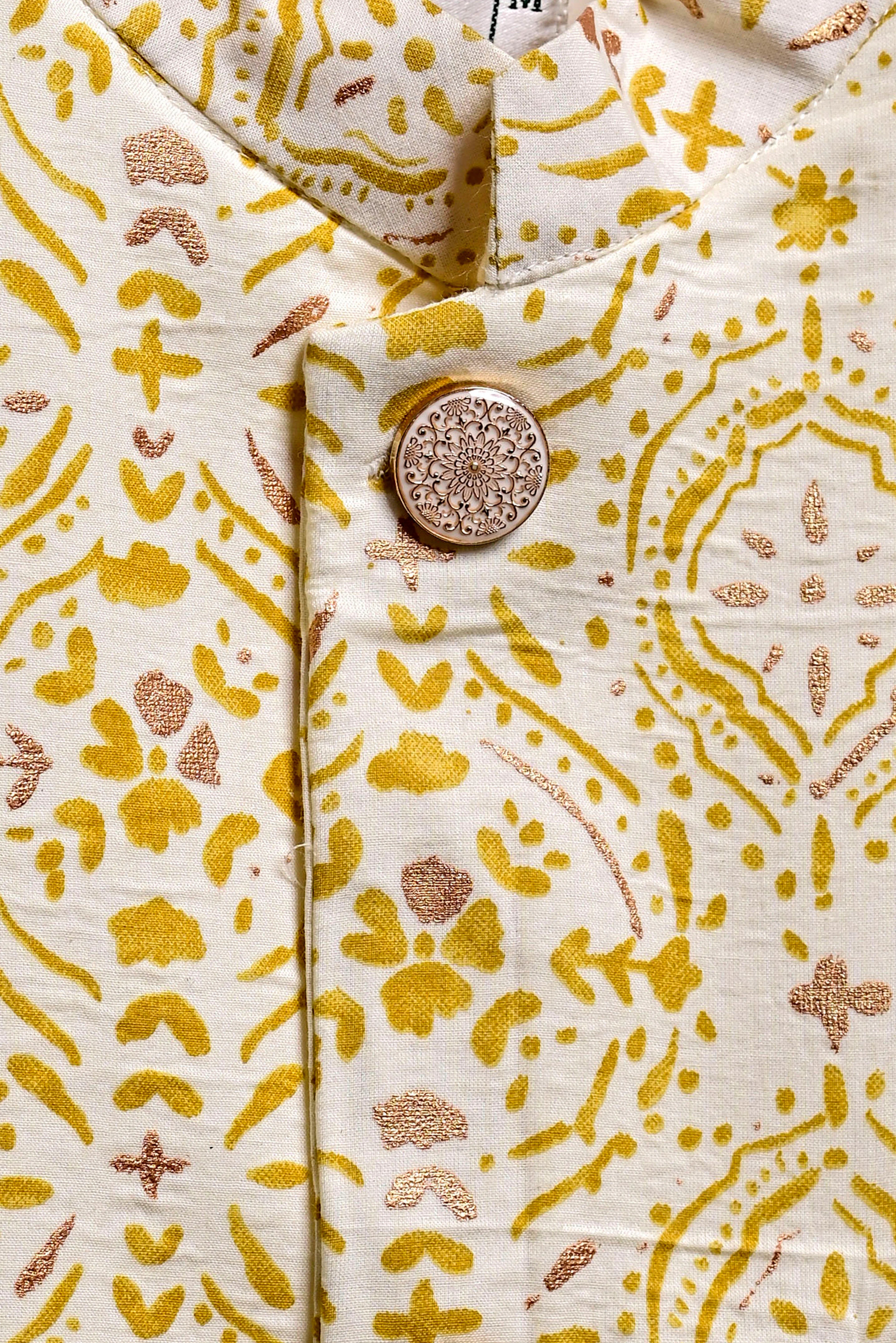 Yellow Glitter Block Printed Nehru Jacket