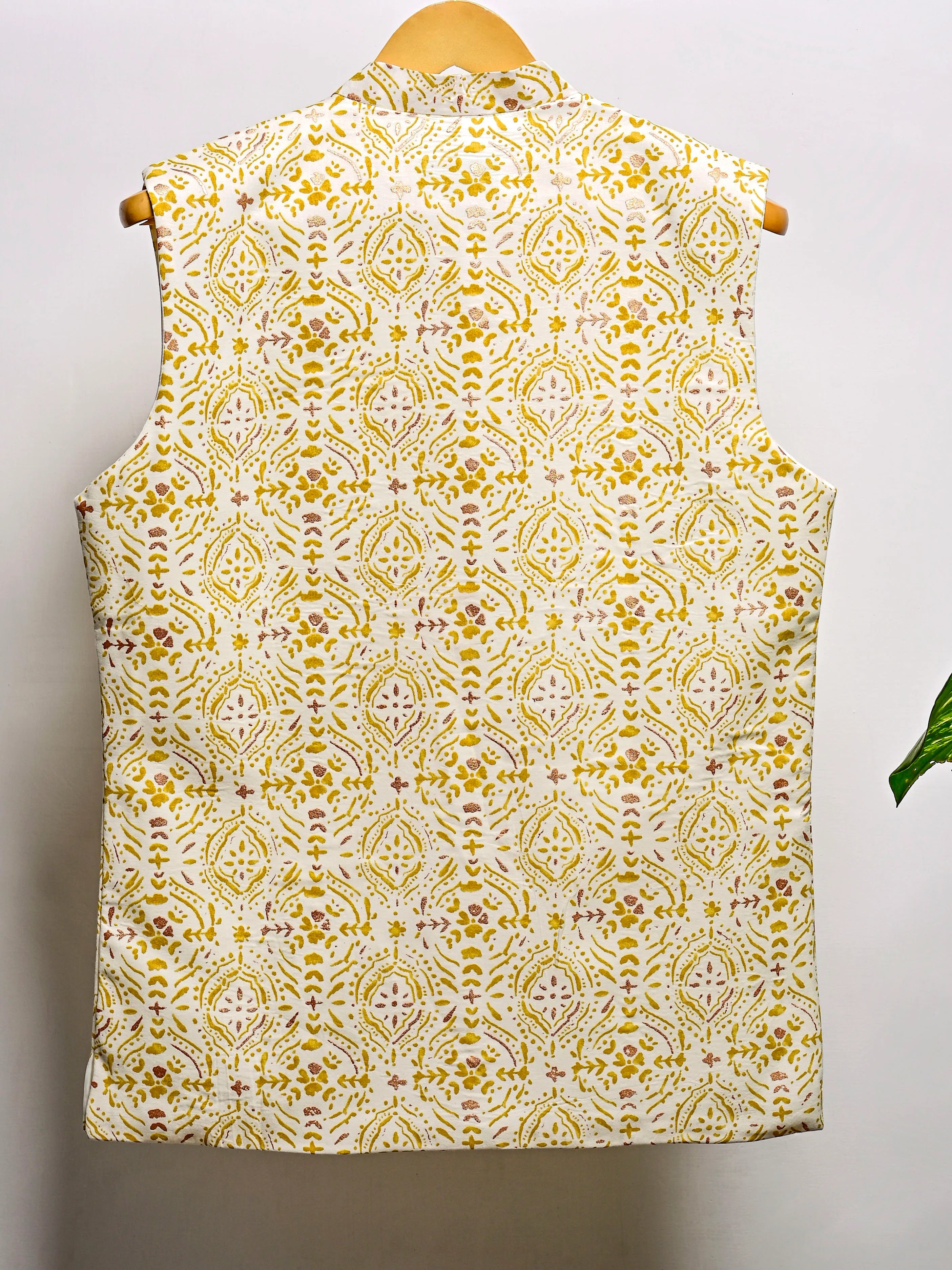 Yellow Glitter Block Printed Nehru Jacket