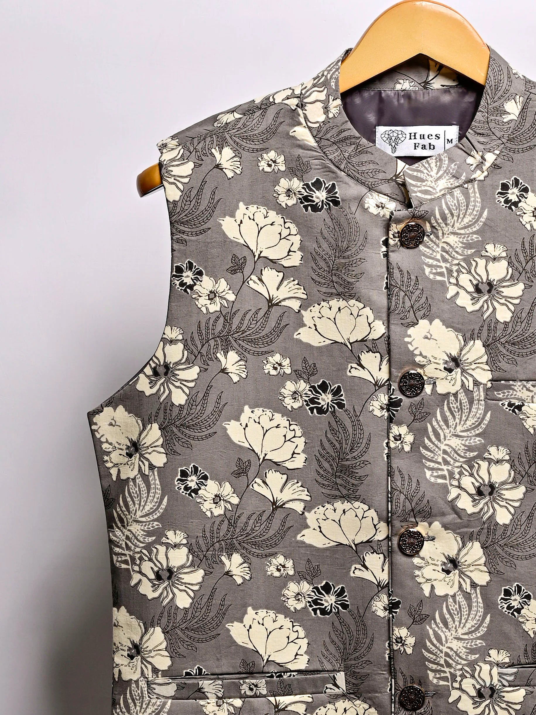 Grey Floral Printed Nehru Jacket