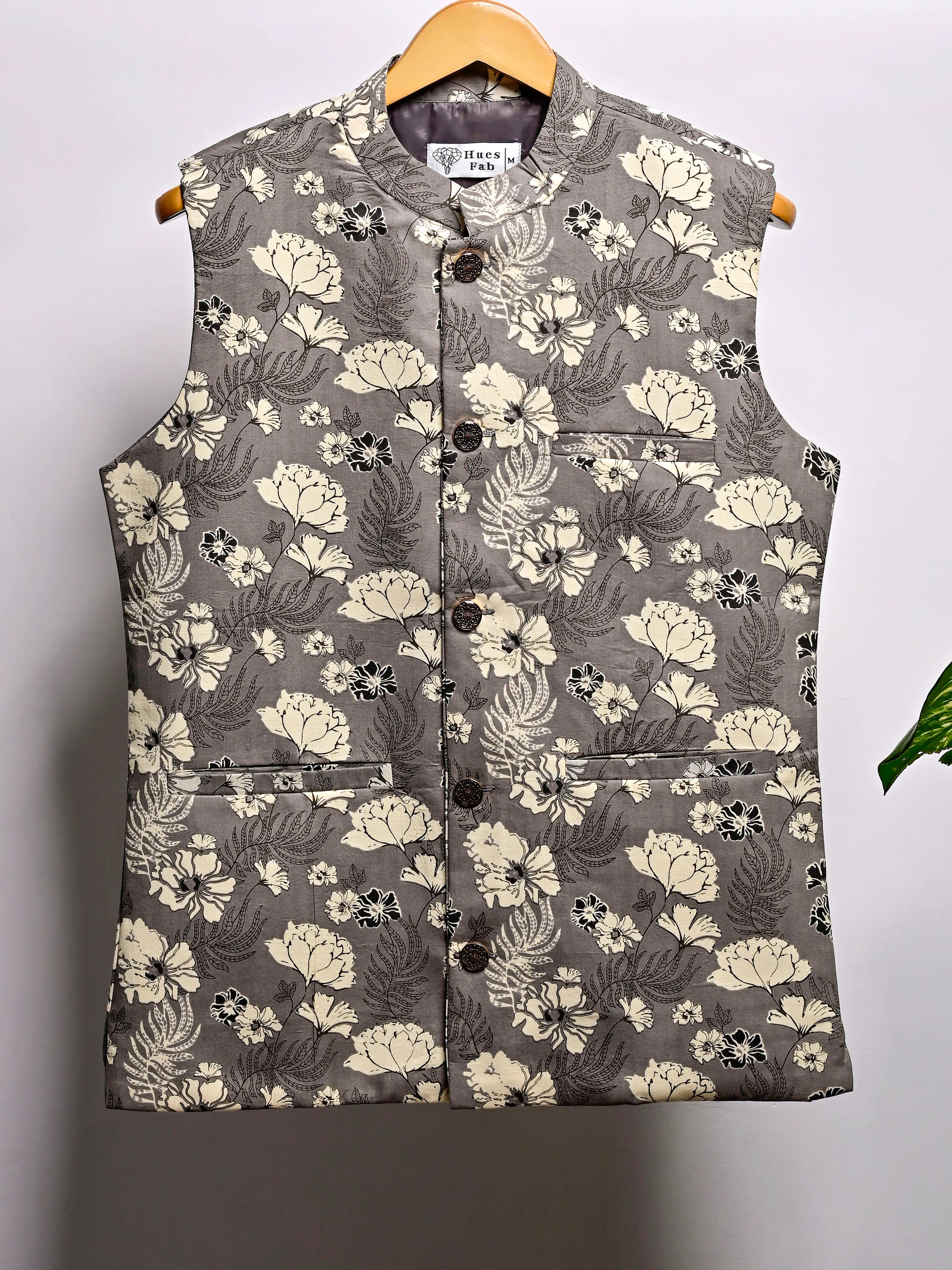 Grey Floral Printed Nehru Jacket