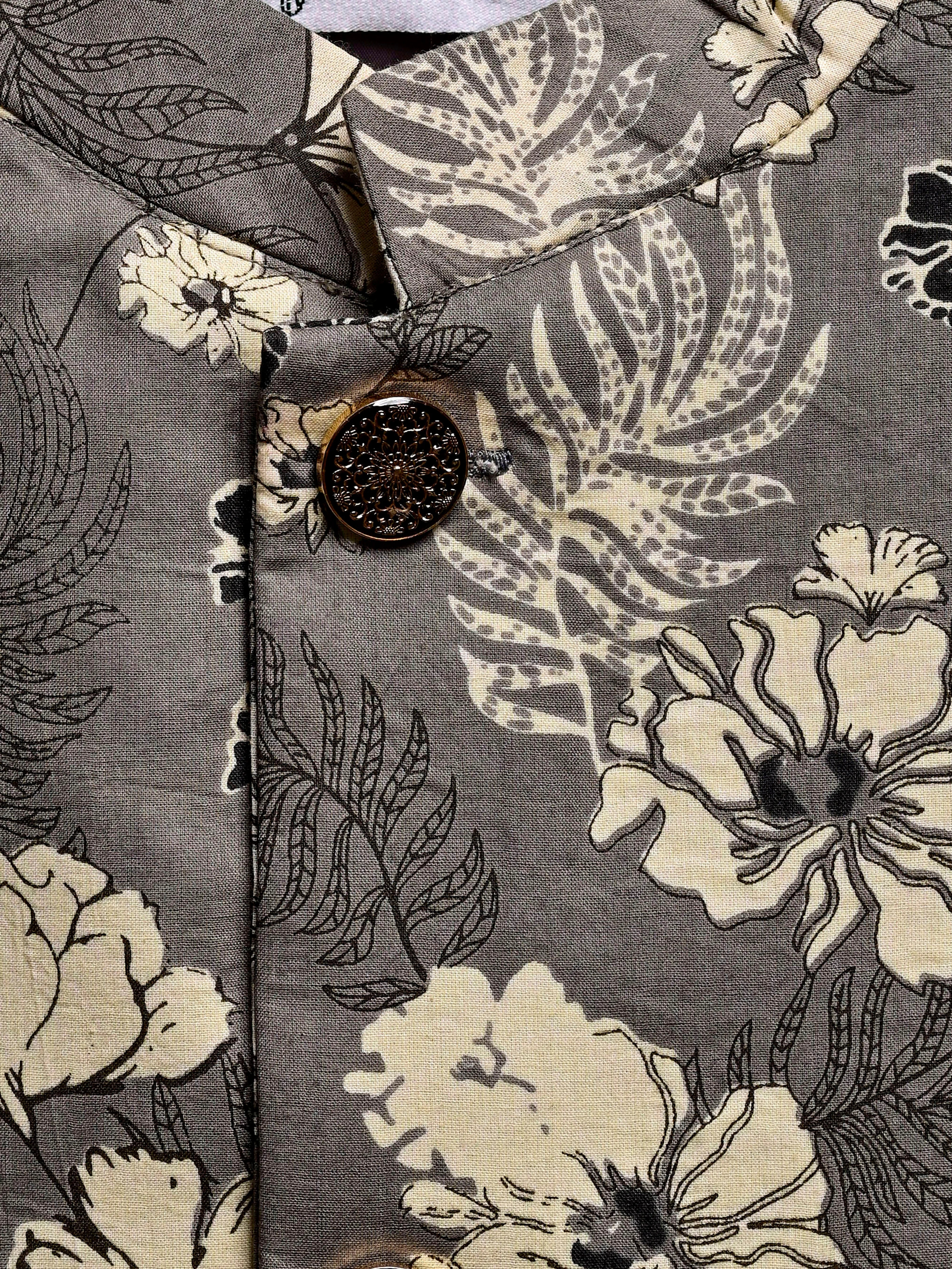 Grey Floral Printed Nehru Jacket
