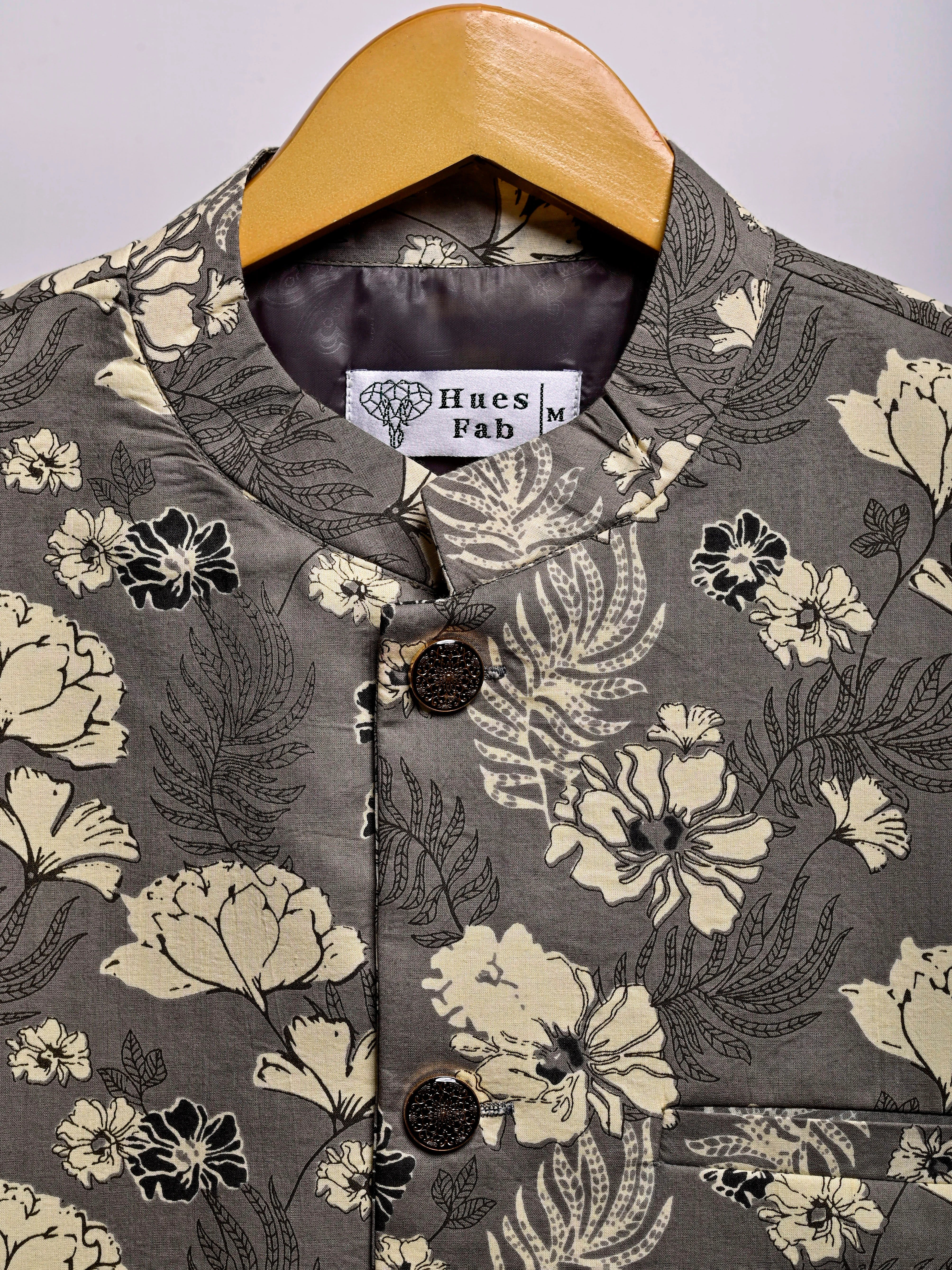 Grey Floral Printed Nehru Jacket
