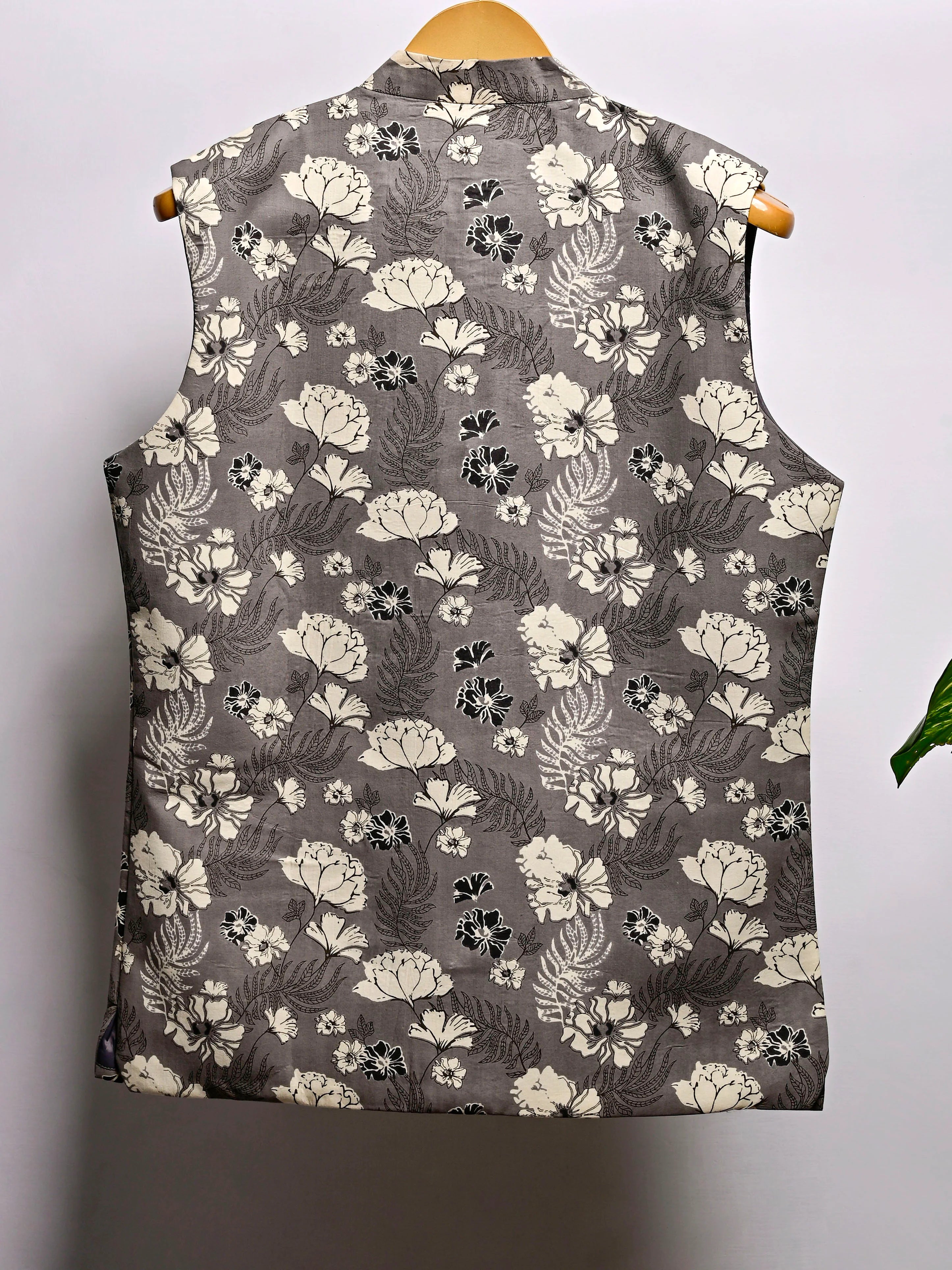 Grey Floral Printed Nehru Jacket