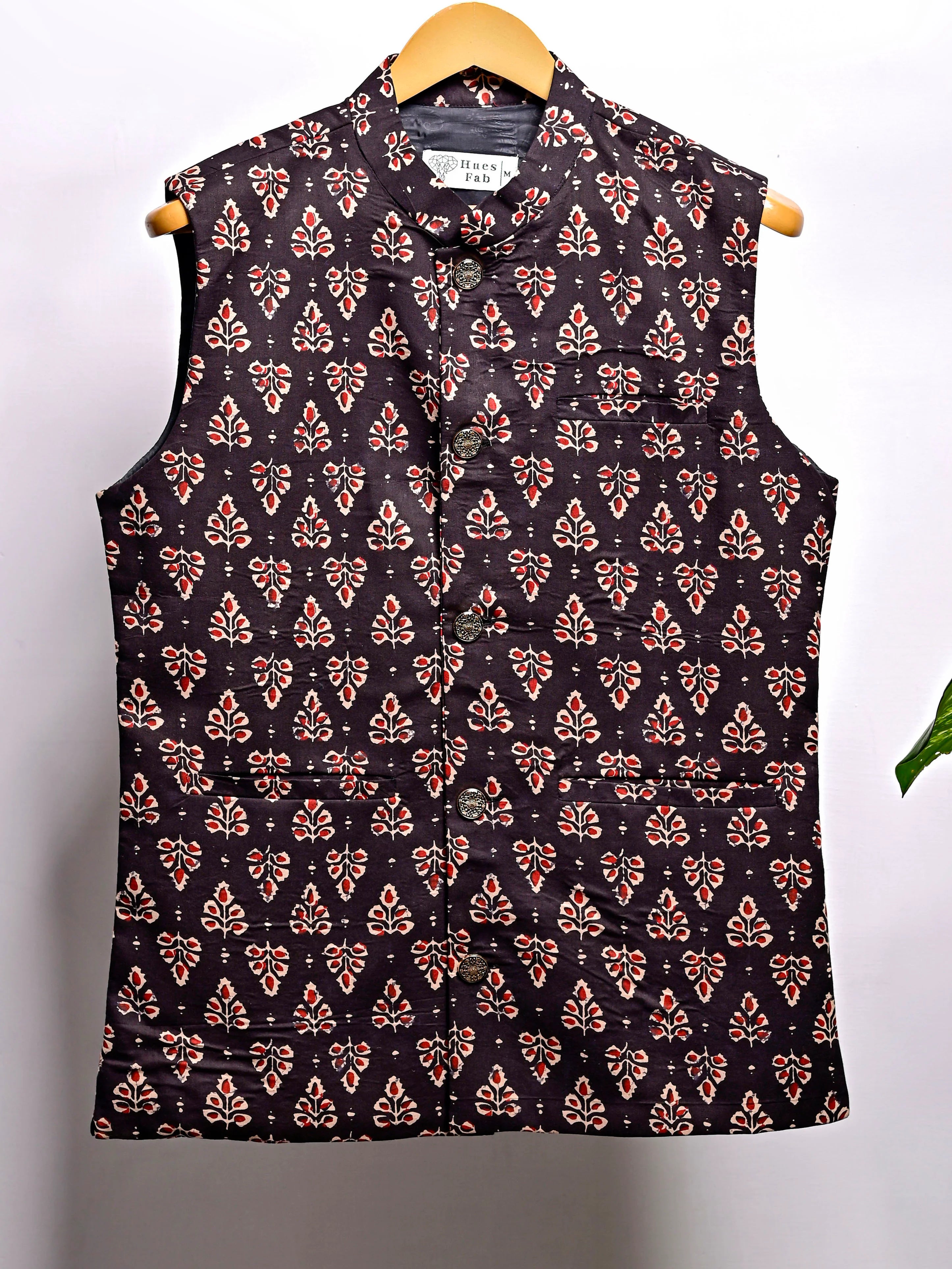 Black Red Block Printed Nehru Jacket