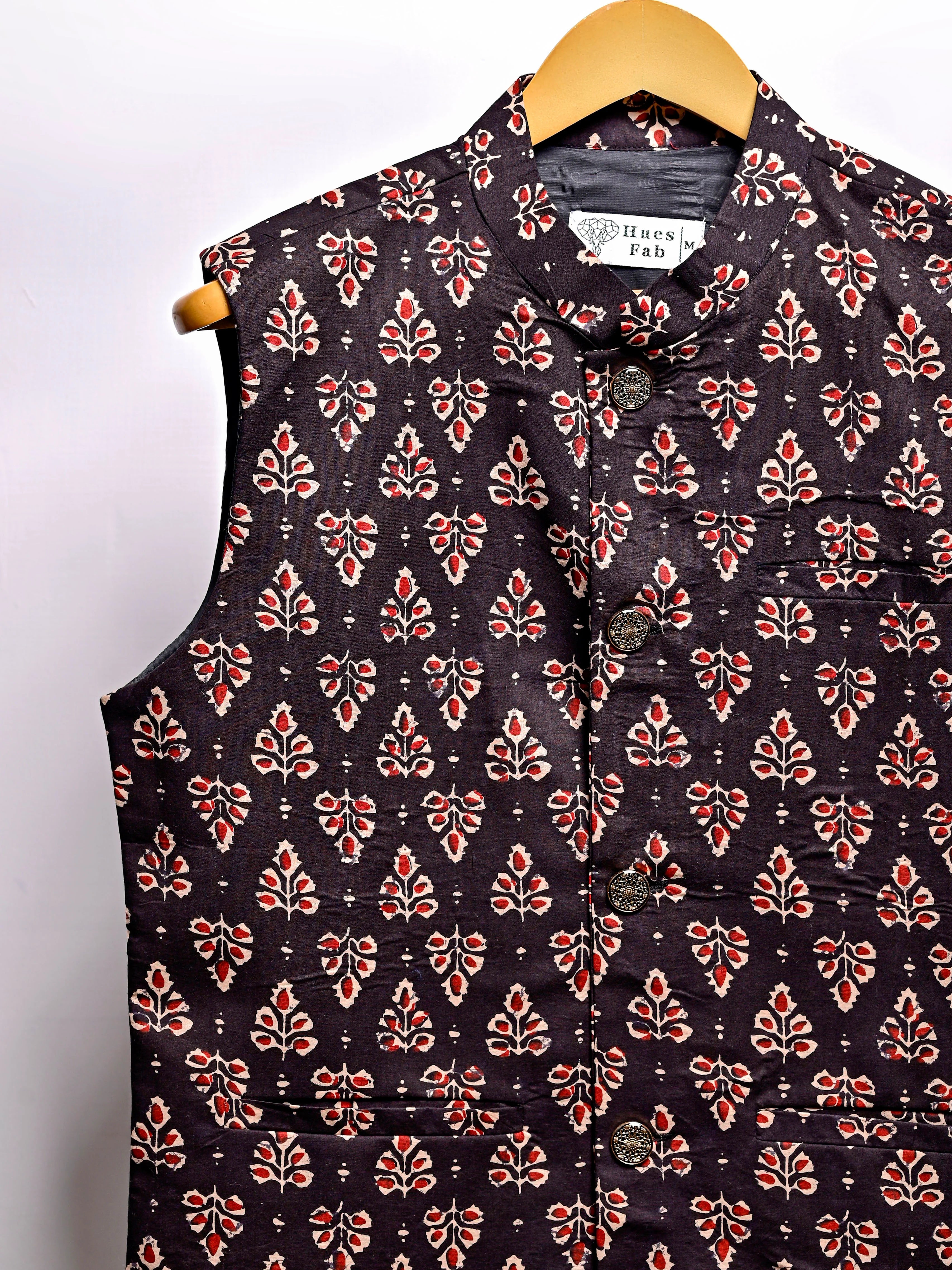 Black Red Block Printed Nehru Jacket