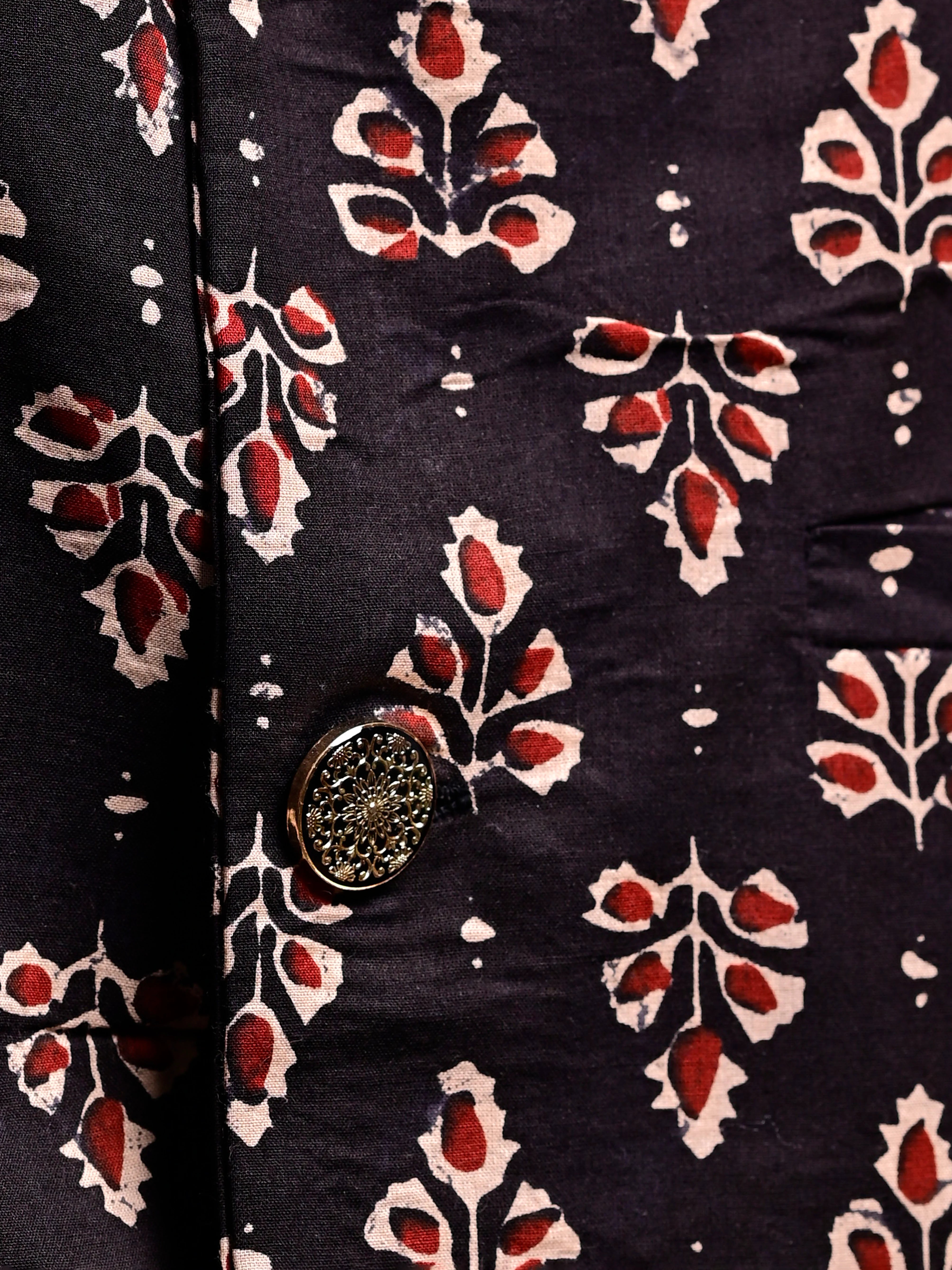 Black Red Block Printed Nehru Jacket