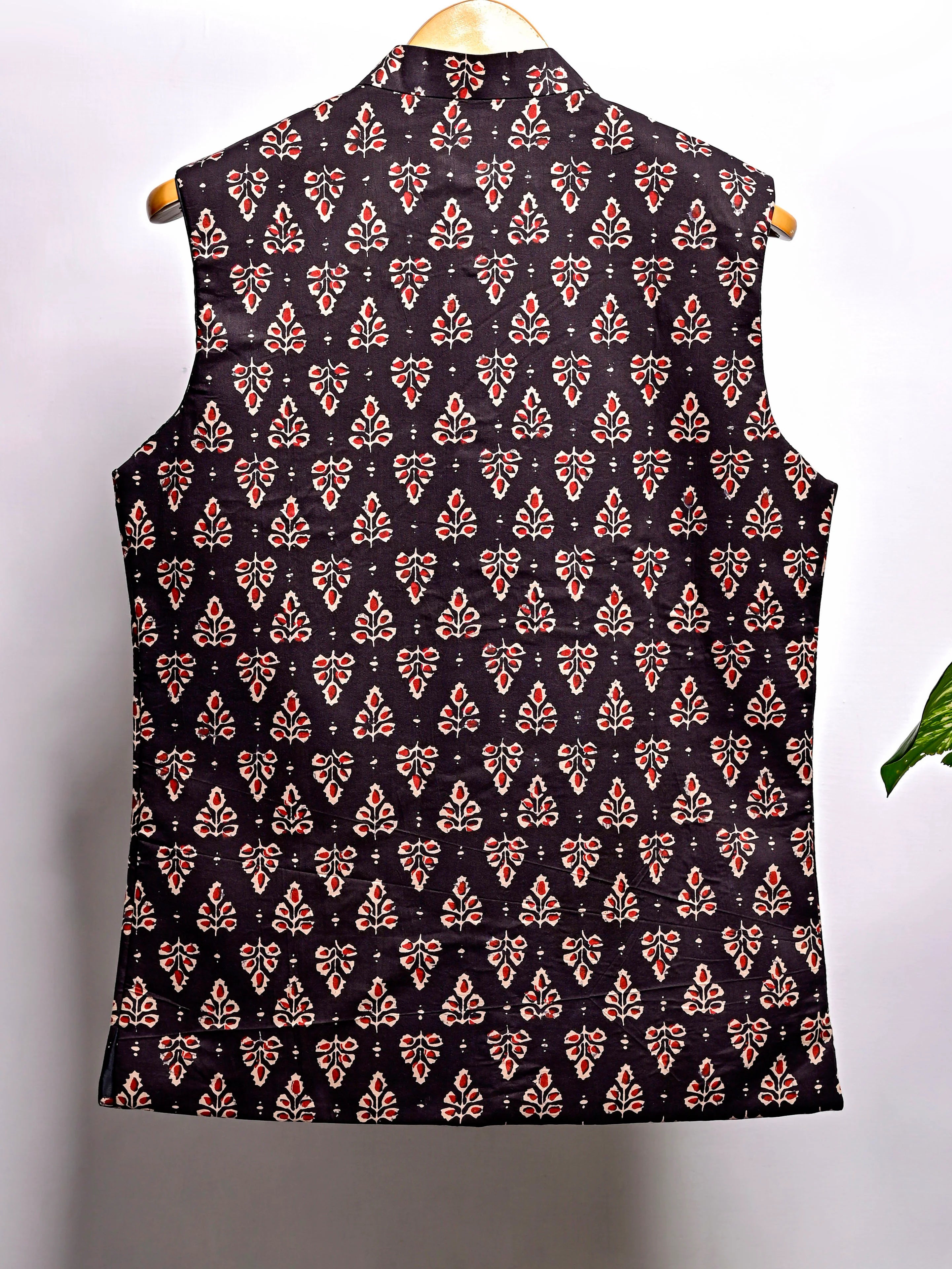 Black Red Block Printed Nehru Jacket