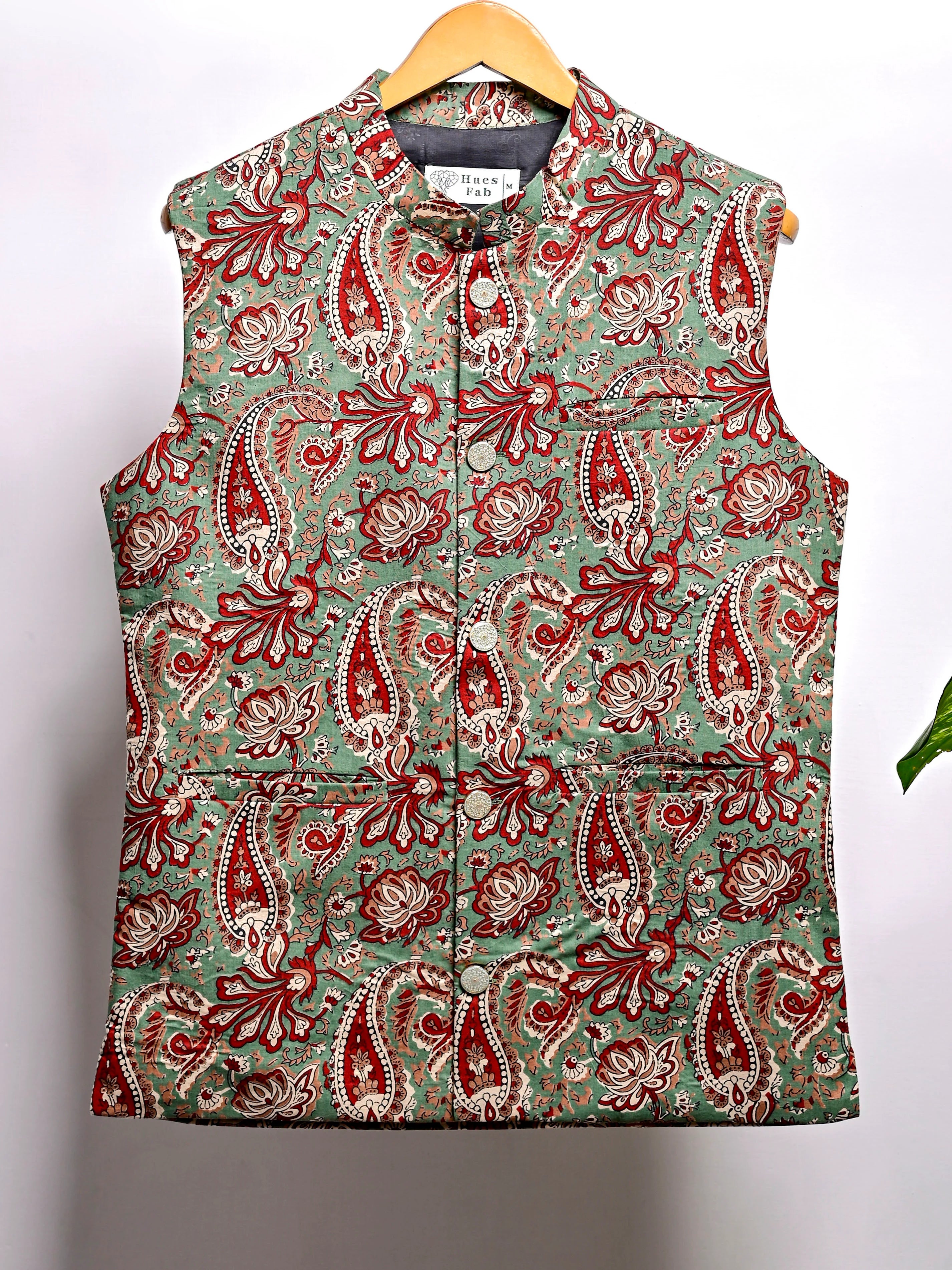 Green Red Paisley Printed Nehru Jacket