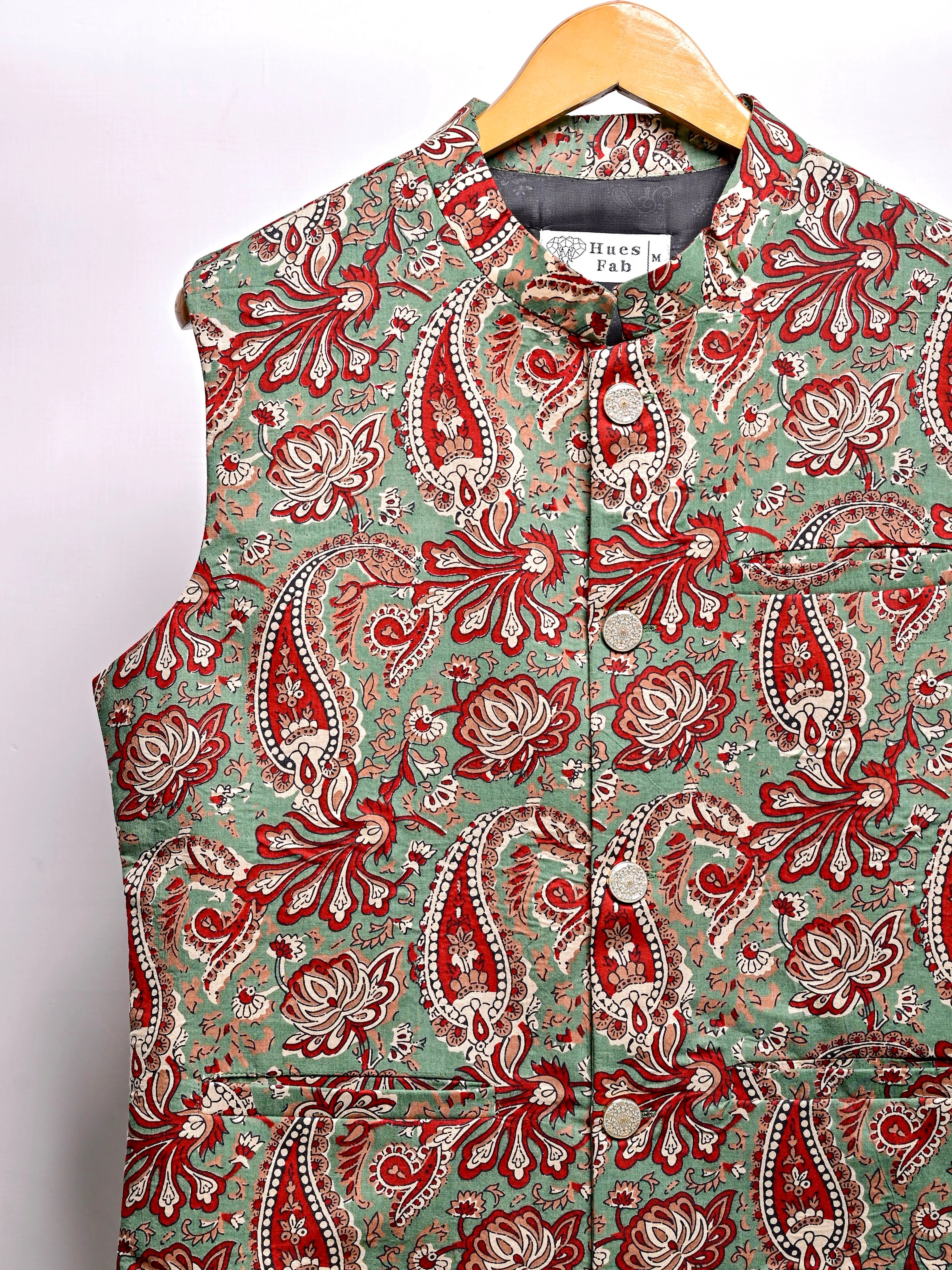 Green Red Paisley Printed Nehru Jacket