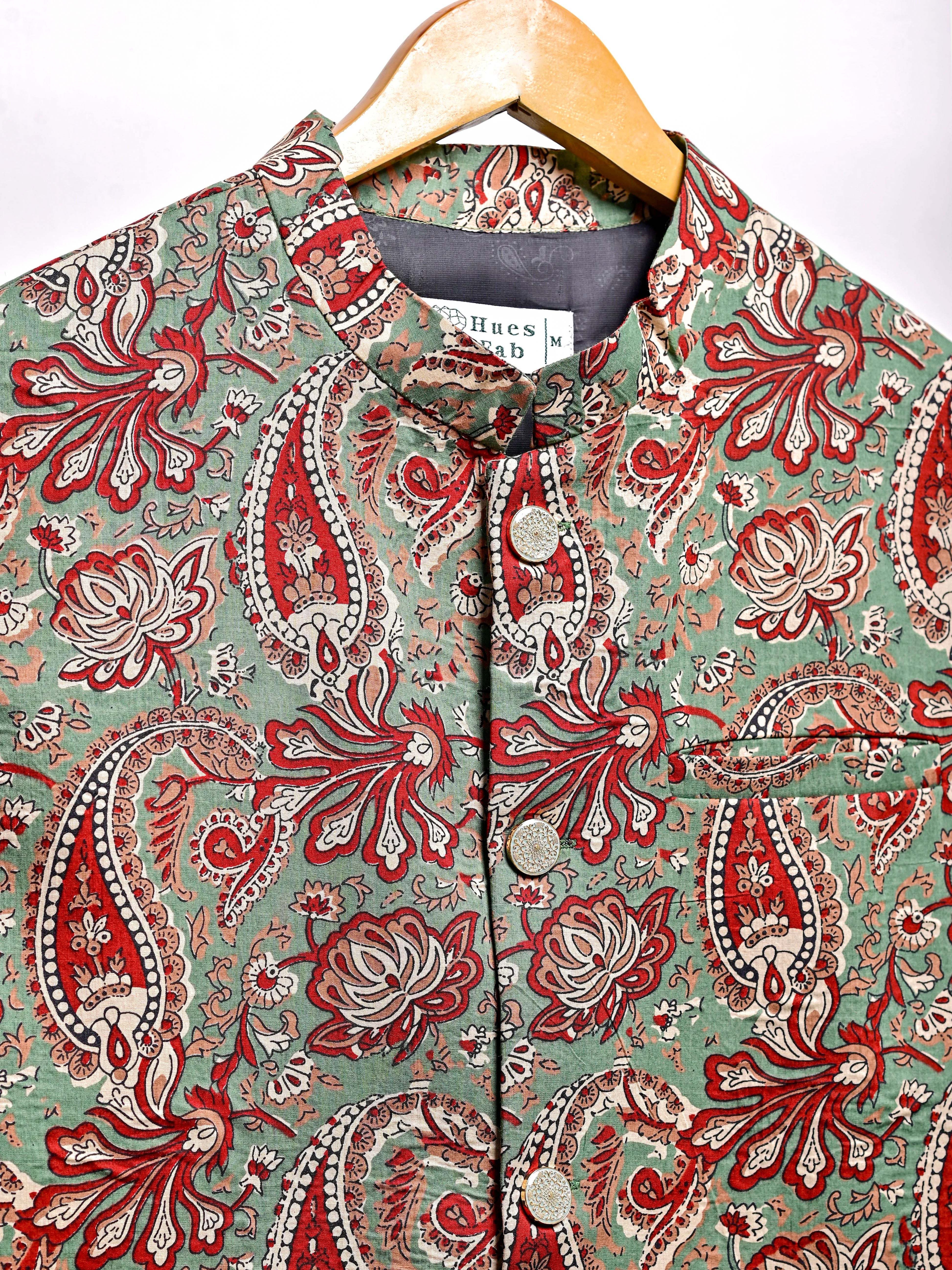 Green Red Paisley Printed Nehru Jacket