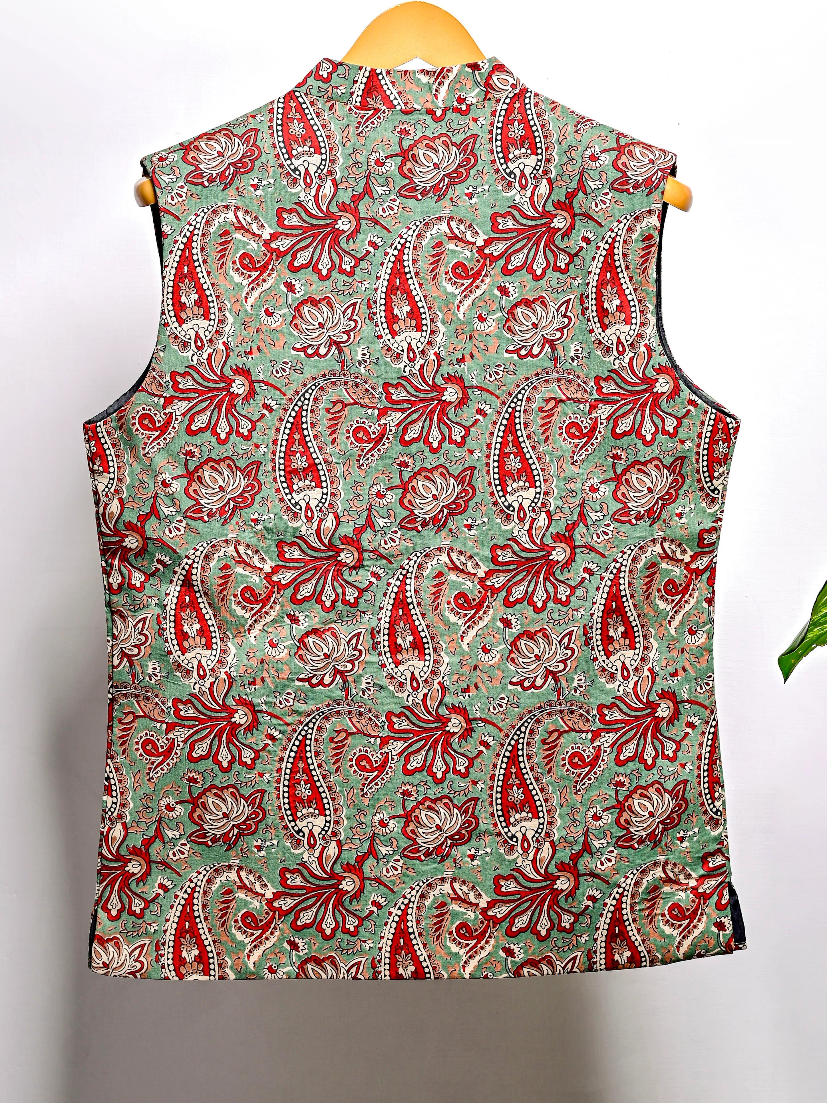 Green Red Paisley Printed Nehru Jacket