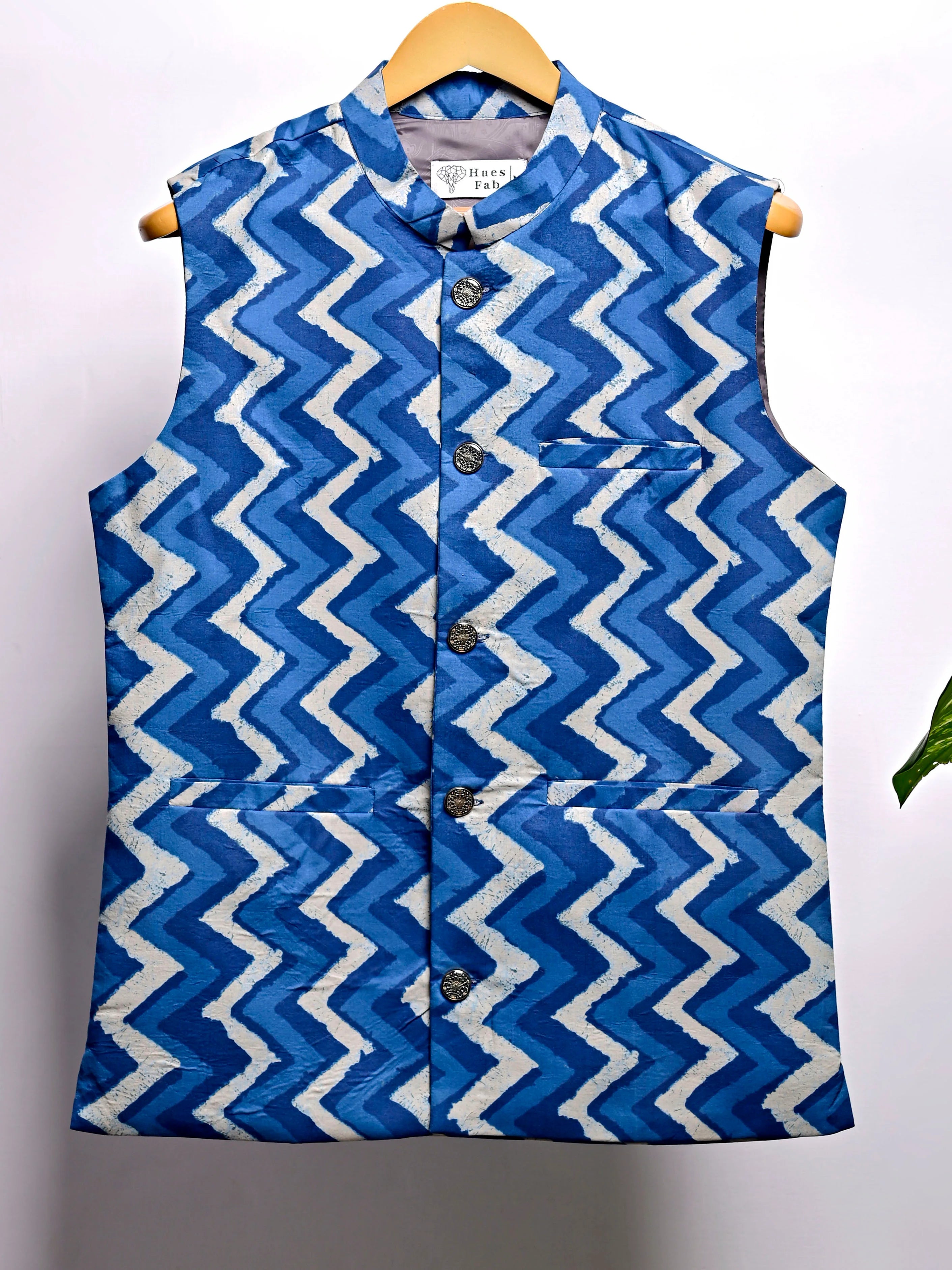 Indigo Block Printed Nehru Jacket
