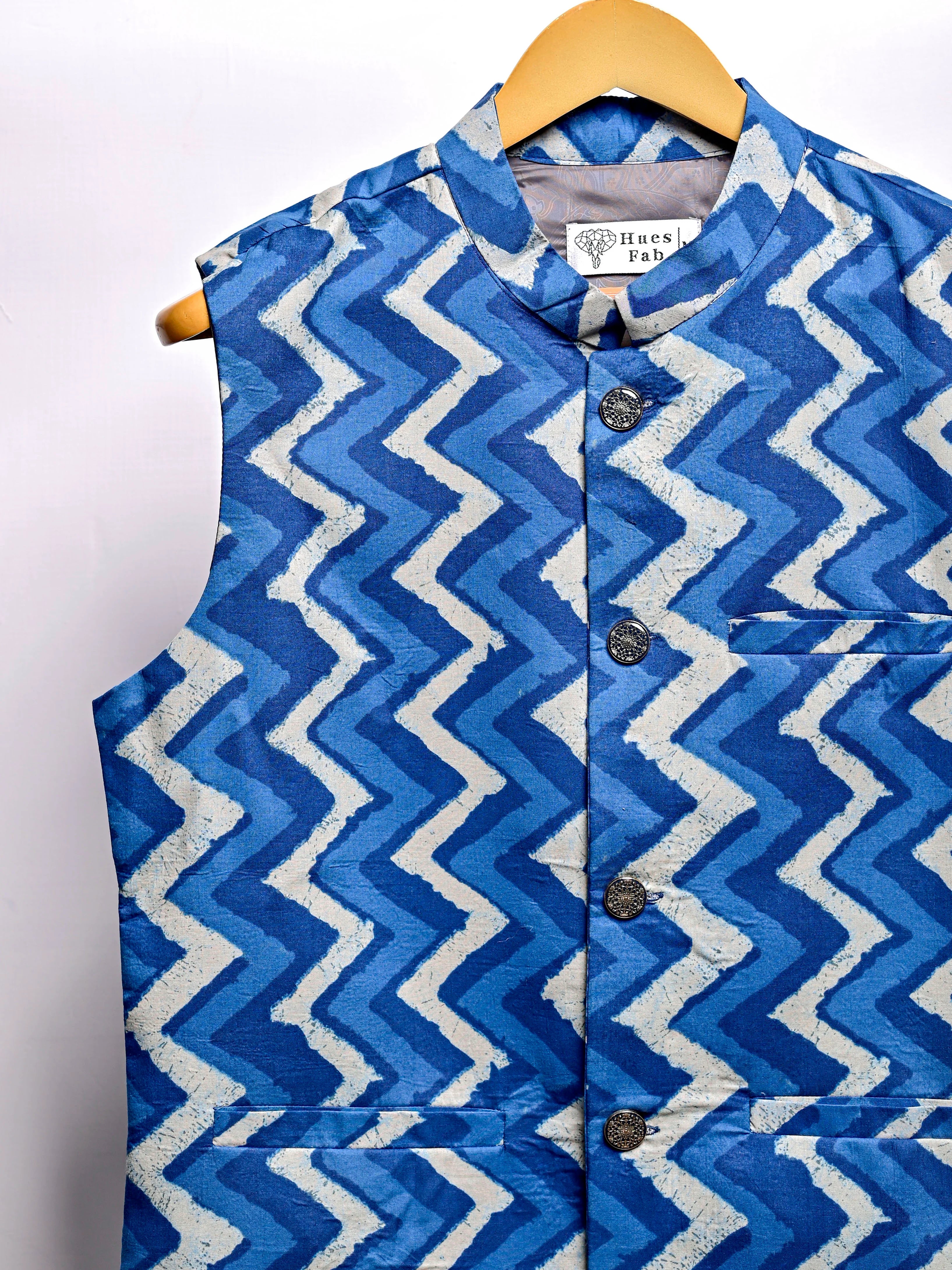 Indigo Block Printed Nehru Jacket