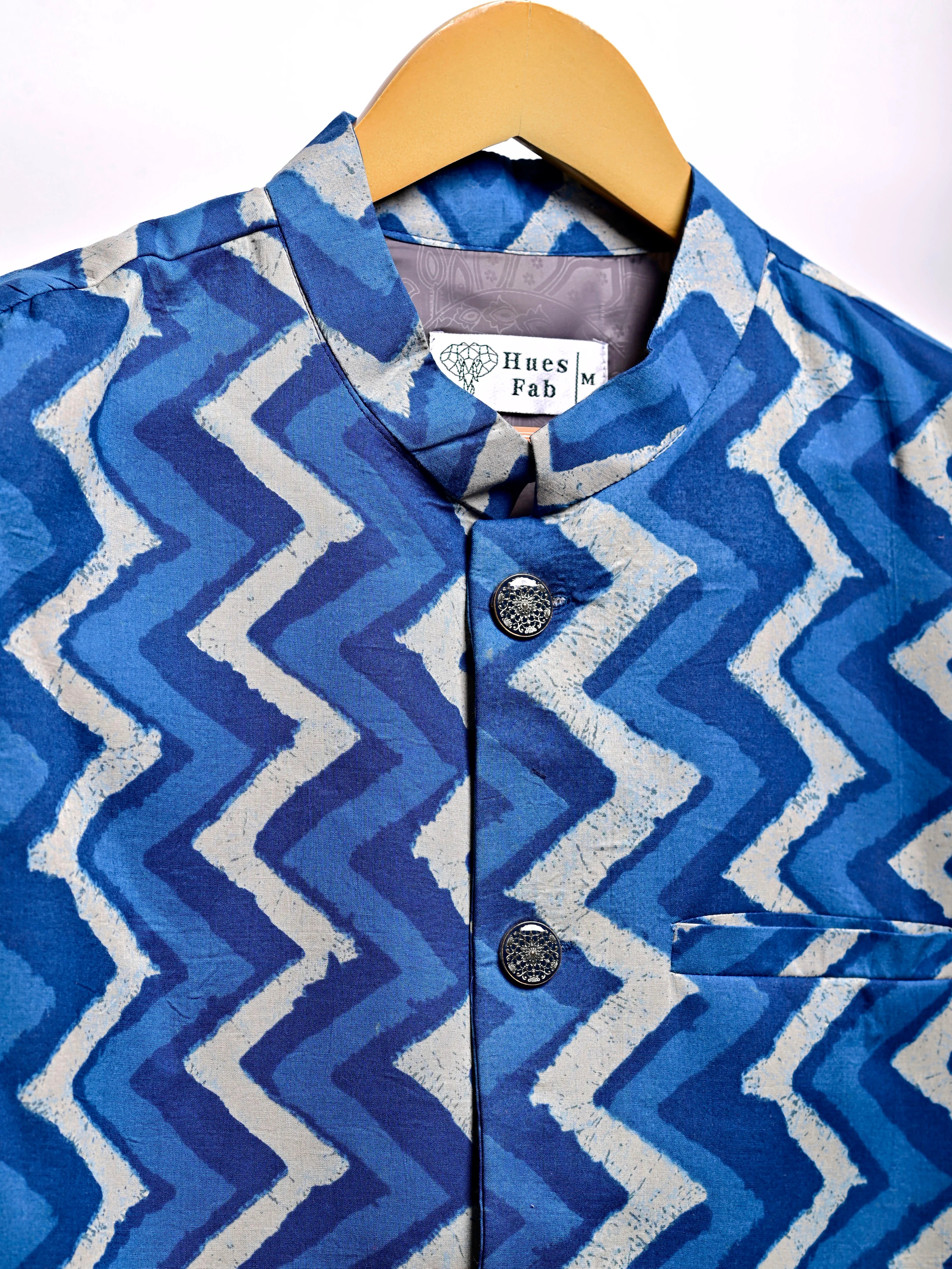 Indigo Block Printed Nehru Jacket