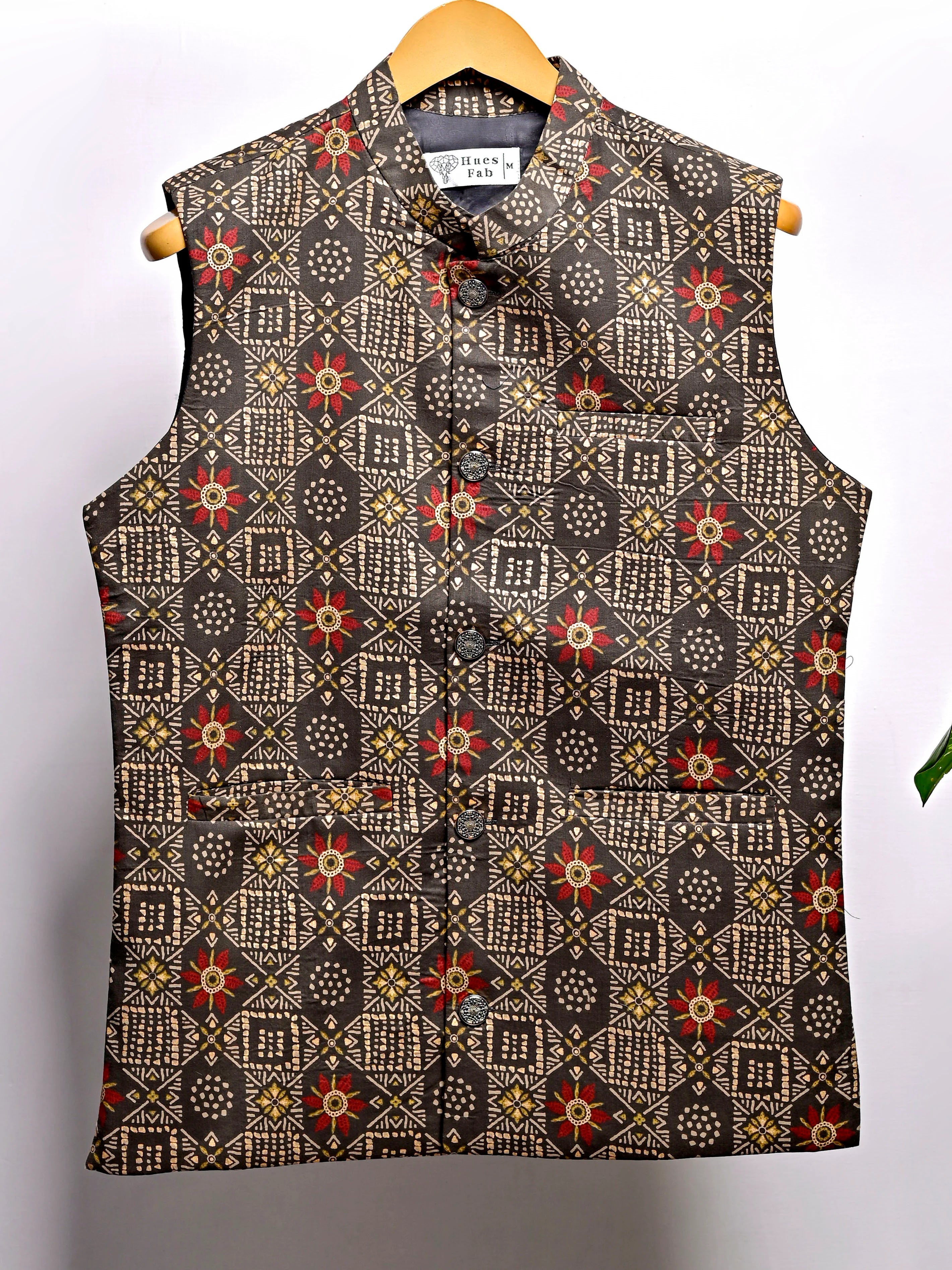 Brown Golden Mandala Block Printed Nehru Jacket