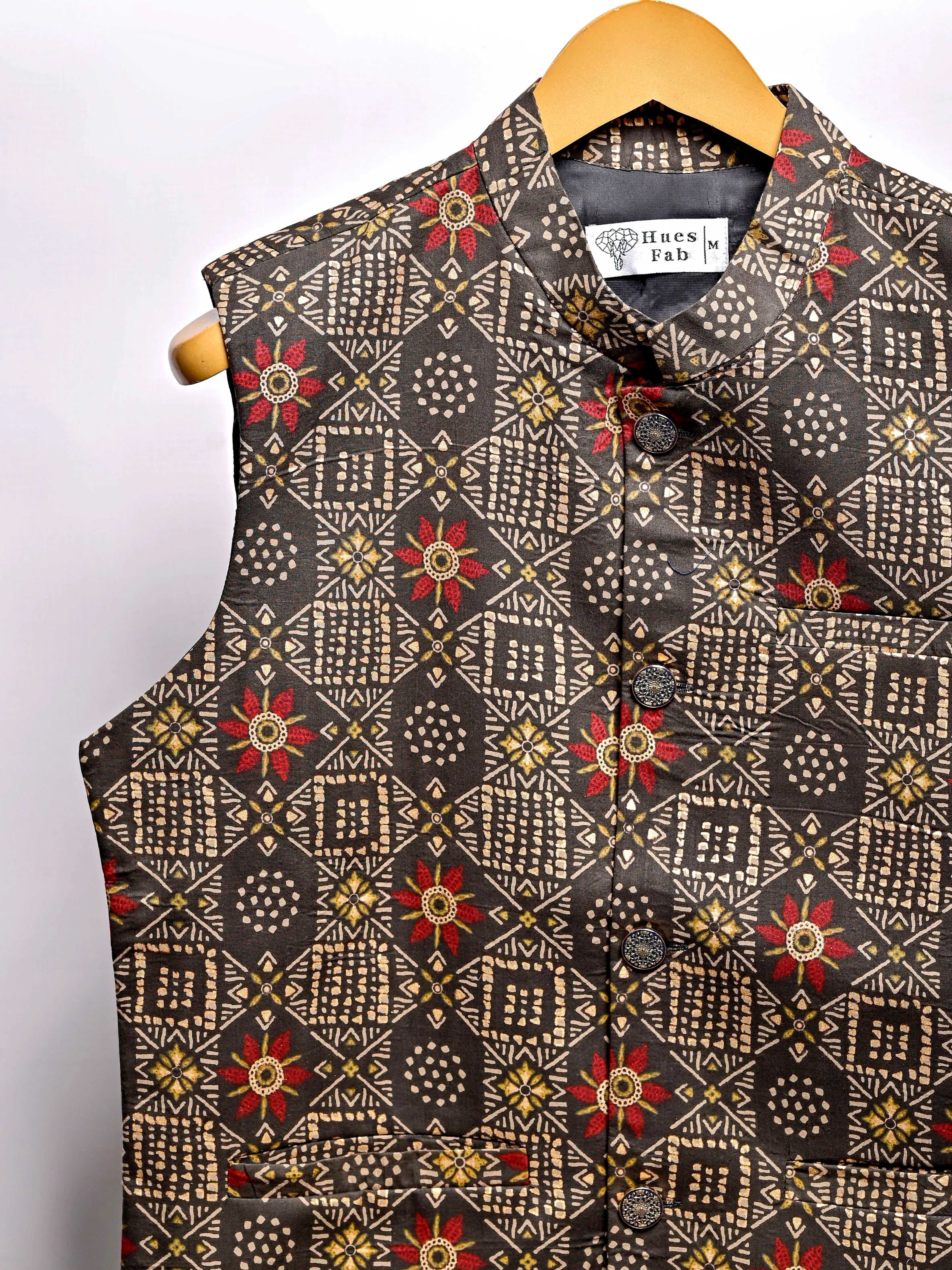 Brown Golden Mandala Block Printed Nehru Jacket
