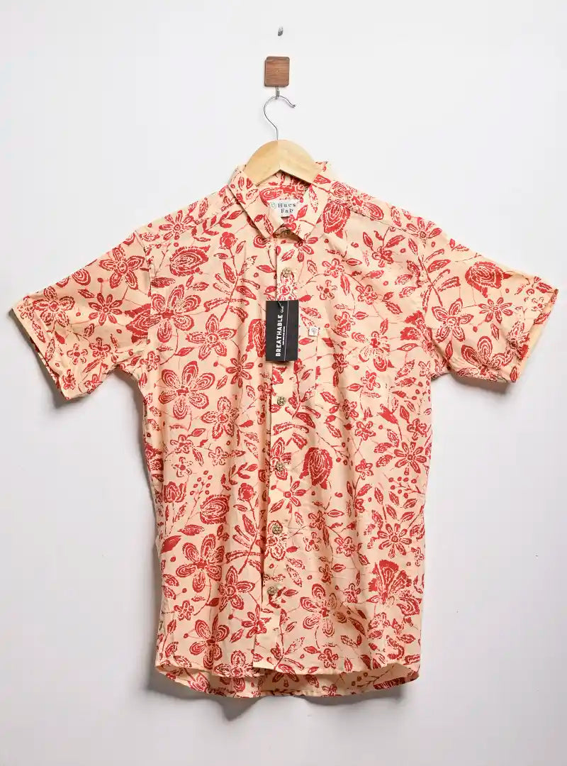 cream red floral half sleeves shirt