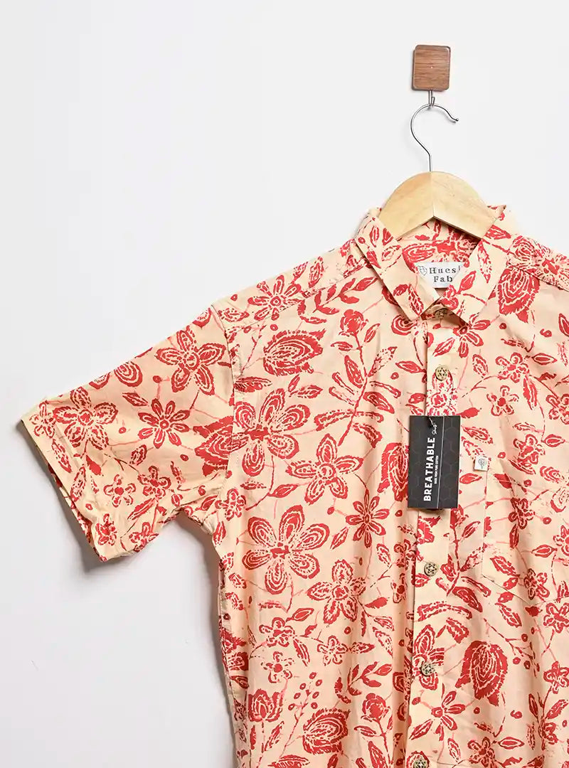 cream red floral half sleeves shirt