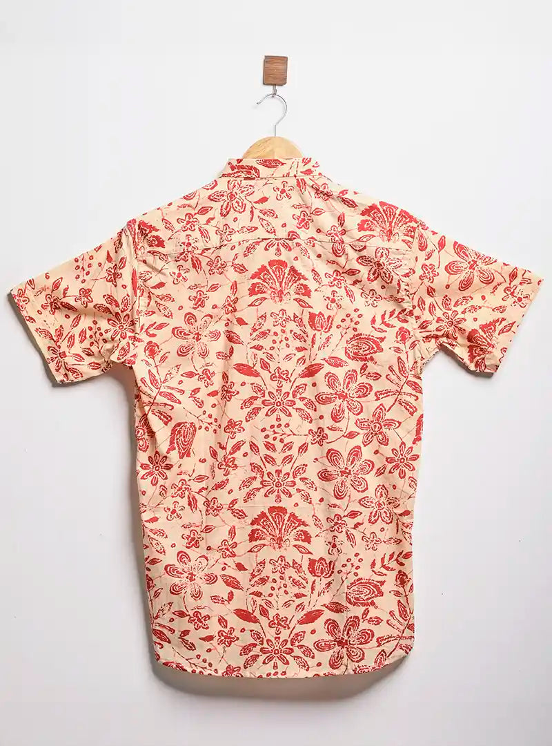 cream red floral half sleeves shirt