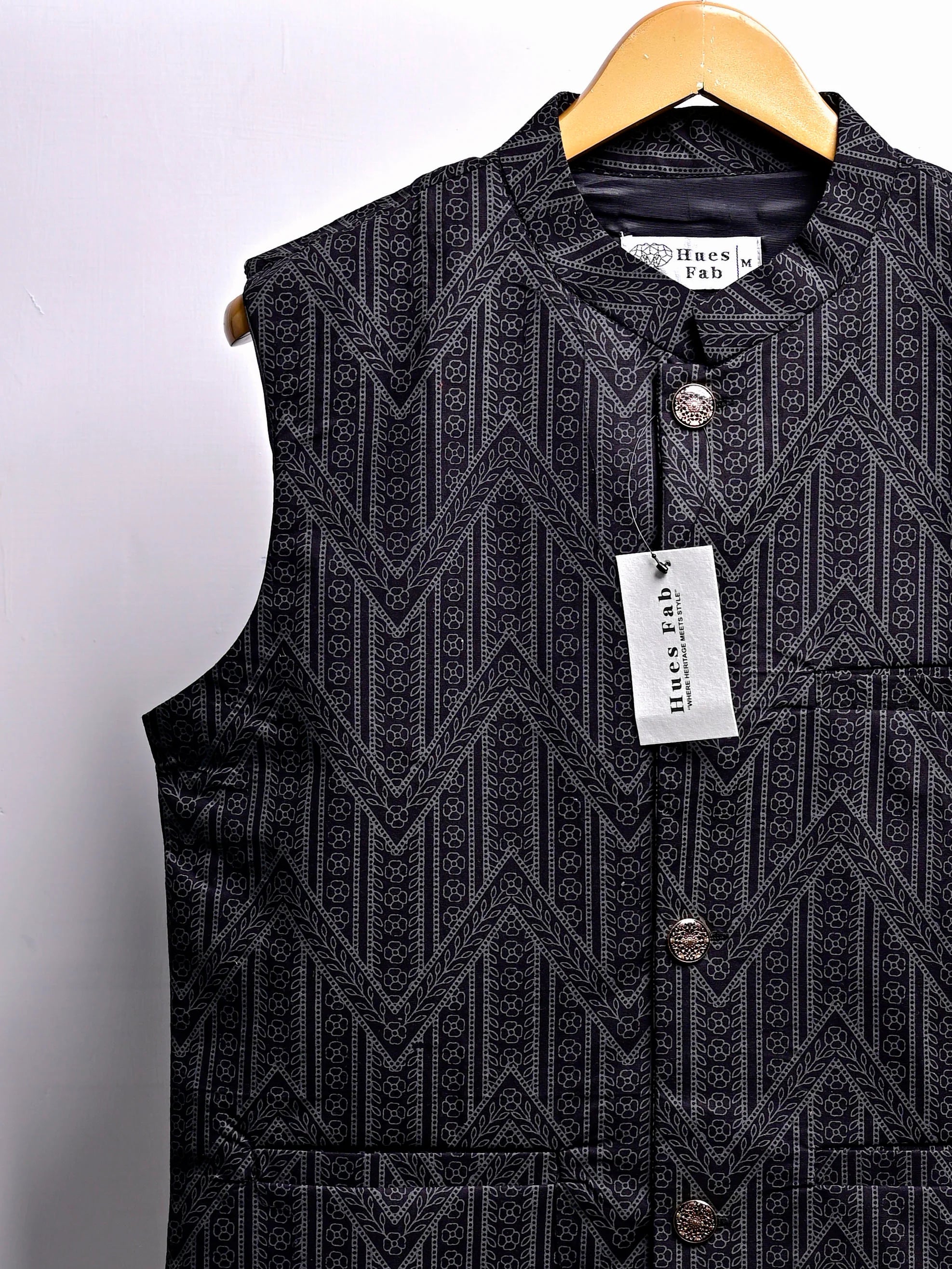 Black Self Pattern Block Printed Nehru Jacket