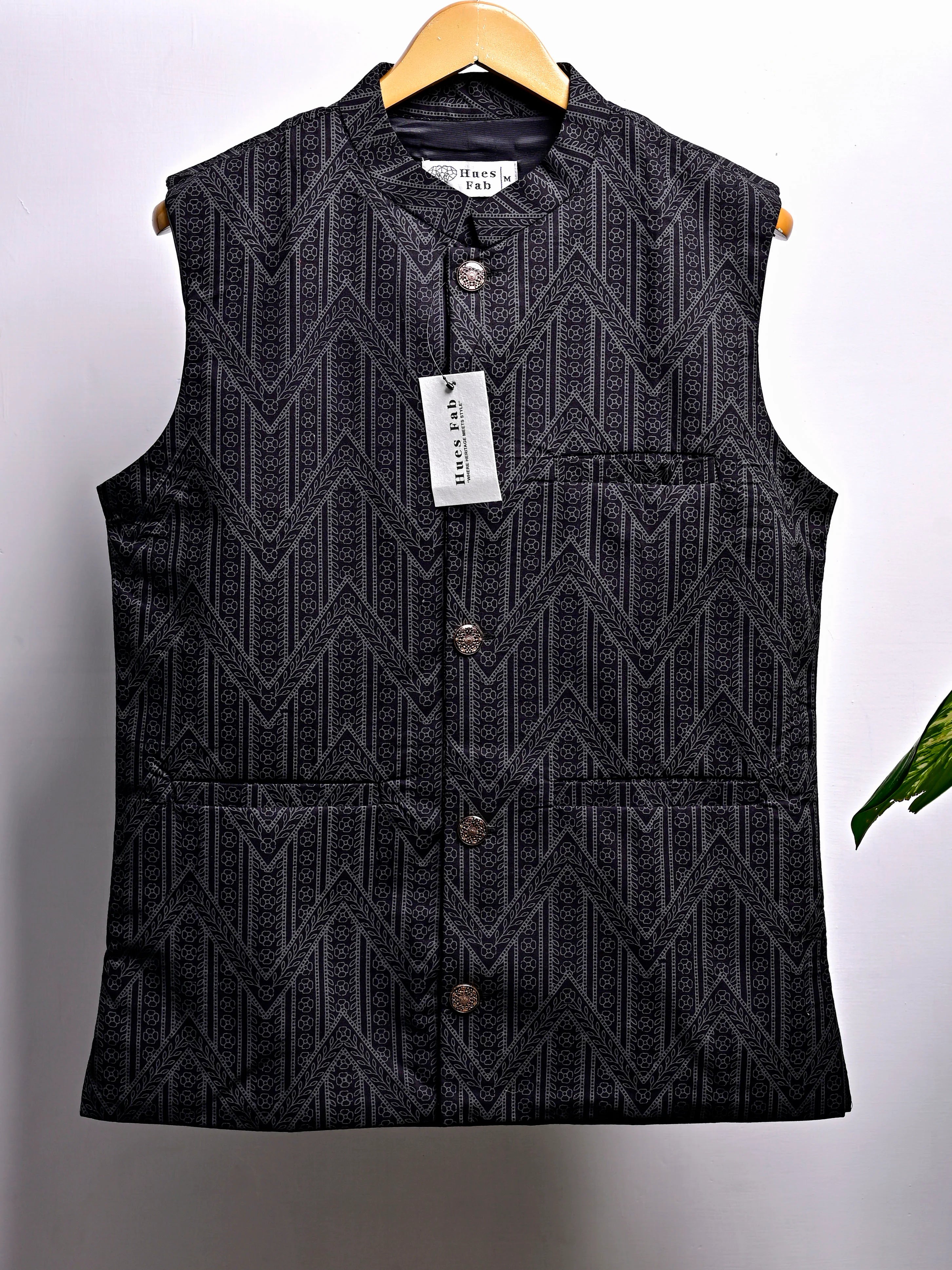 Black Self Pattern Block Printed Nehru Jacket