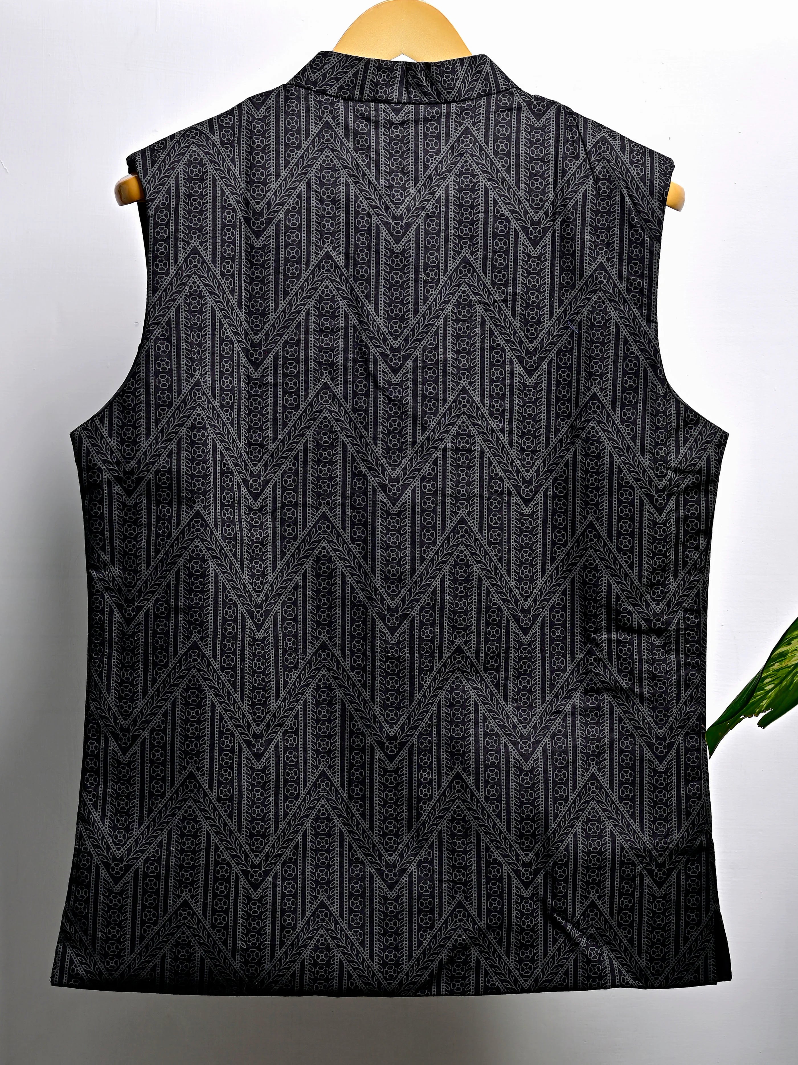 Black Self Pattern Block Printed Nehru Jacket